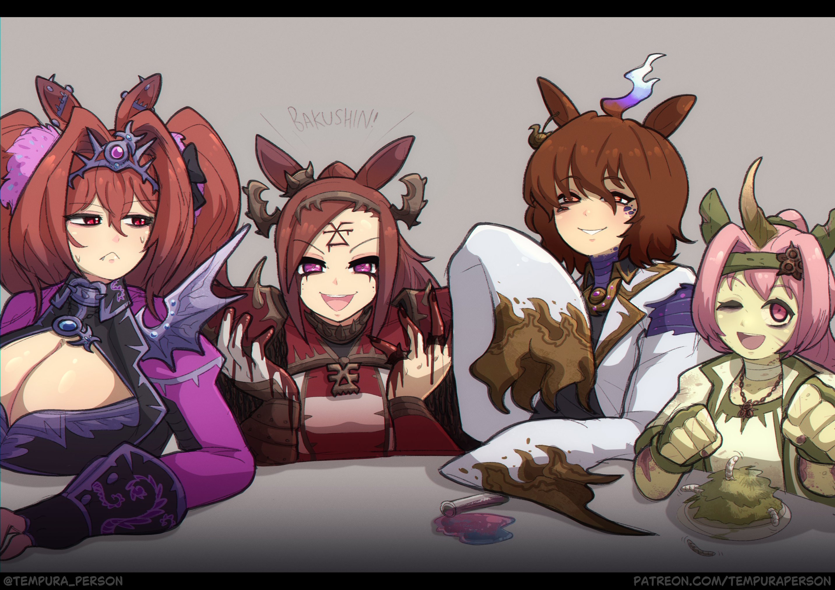 tempura person, agnes tachyon (umamusume), daiwa scarlet (umamusume), haru urara (umamusume), sakura bakushin o (umamusume), umamusume, warhammer 40k, highres, animal ears, blood, blood on hands, breasts, brown hair, chaos (warhammer), crown, dress, ear piercing, grey background, horns, horse ears, horse girl, khorne (symbol), large breasts, long sleeves, looking at viewer, looking to the side, nurgle (cult), open mouth, piercing, pink hair, ponytail, purple dress, red eyes, red hair, sidelocks, simple background, slaanesh (cult), smile, twintails, tzeentch (cult)