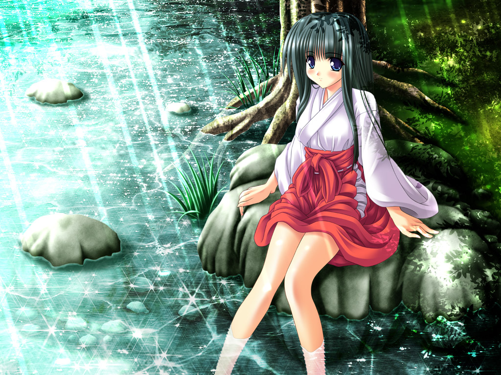 noritama (gozen), original, 1girl, black hair, blue eyes, female focus, hakama, hakama skirt, japanese clothes, light rays, long hair, miko, nature, on rock, red hakama, river, rock, sitting, skirt, solo, sparkle, sunbeam, sunlight, tree, wading, wide sleeves