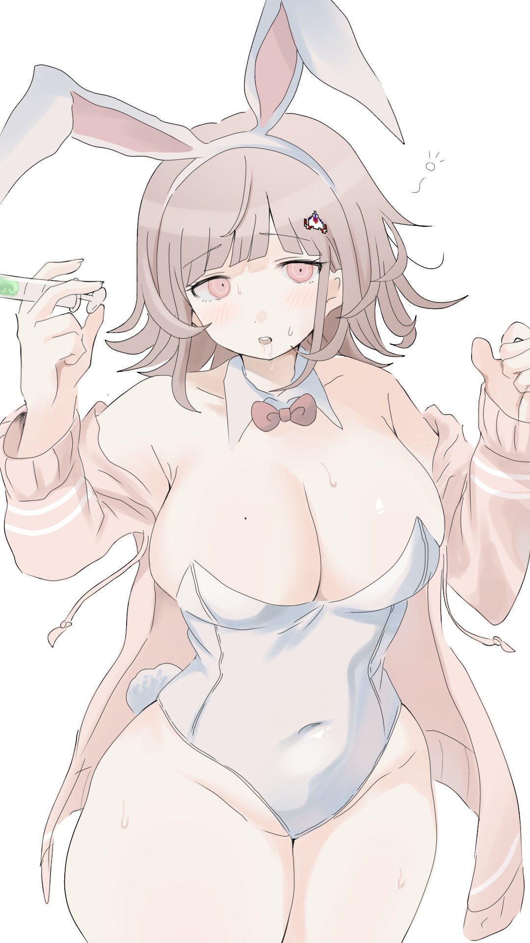 ikemen'na ore-shi, nanami chiaki, danganronpa (series), danganronpa 2: goodbye despair, highres, 1girl, animal ears, bare shoulders, brown hair, covered navel, fake animal ears, fake tail, hair ornament, holding, holding syringe, jacket, leotard, long sleeves, medium hair, open clothes, open jacket, pink eyes, pink jacket, playboy bunny, rabbit ears, rabbit tail, solo, syringe, tail, white leotard