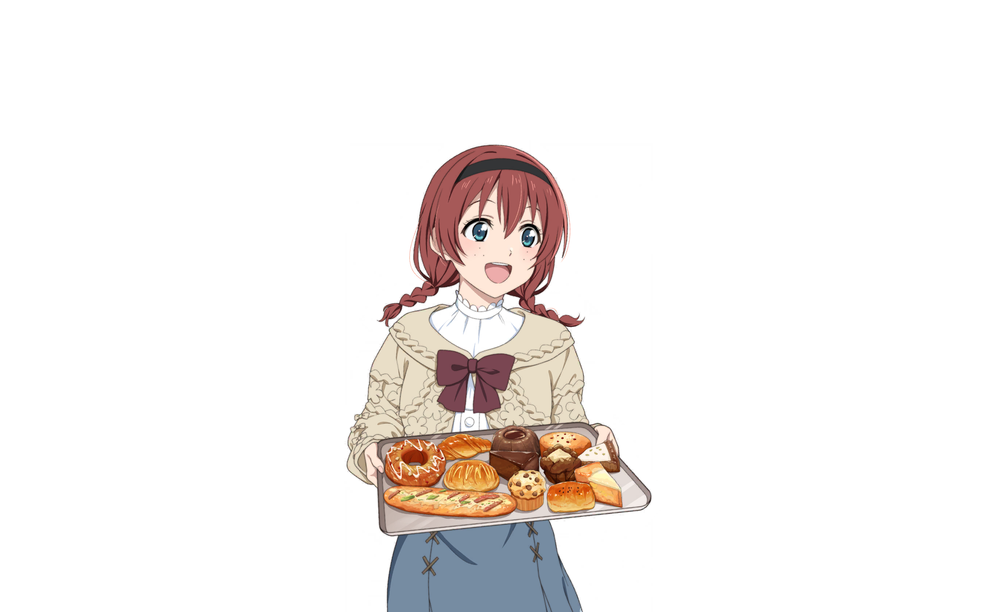 emma verde, love live!, love live! nijigasaki high school idol club, love live! school idol festival 2, highres, official art, 1girl, :d, anime coloring, aqua skirt, black hairband, blue eyes, blush, braid, bread, brown hair, brown ribbon, brown sweater, cake, cake slice, cowboy shot, donut, food, freckles, hair between eyes, hairband, holding, holding plate, long sleeves, looking to the side, medium hair, open mouth, plate, ribbon, shirt, skirt, smile, solo, standing, sweater, teeth, transparent background, turtleneck, turtleneck shirt, twin braids, upper teeth only, white shirt