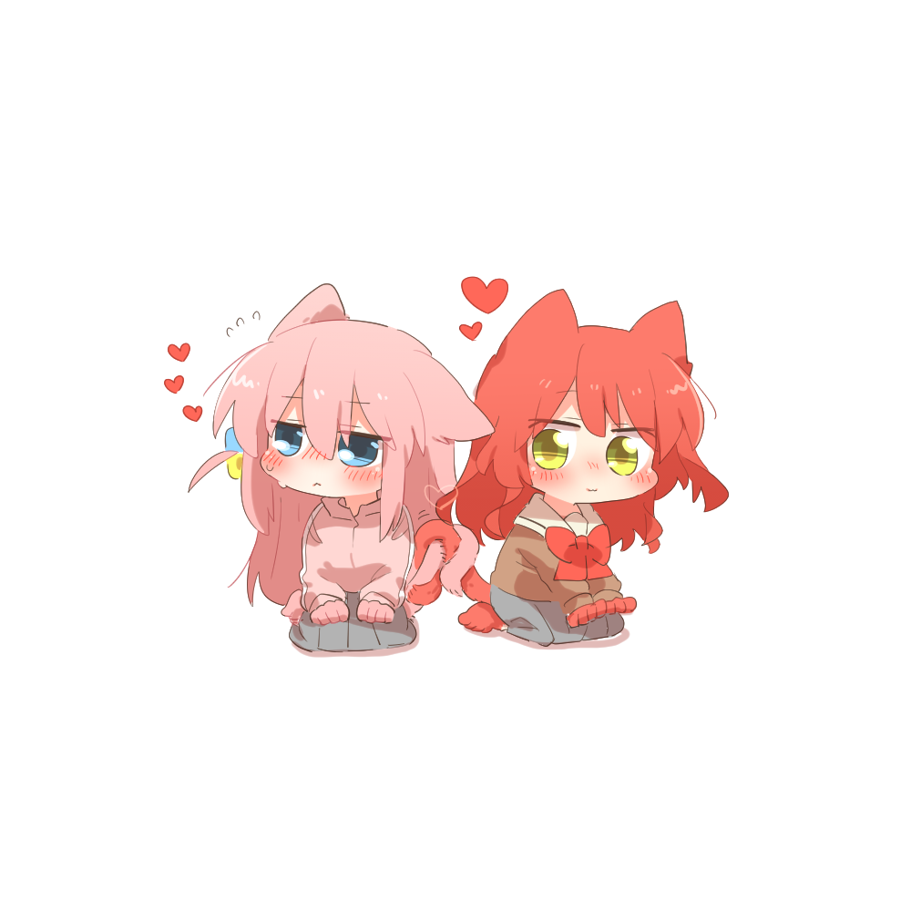 rebecca (keinelove), gotoh hitori, kita ikuyo, bocchi the rock!, commentary request, 2girls, animal ears, blue eyes, blush, bow, bowtie, brown shirt, cat ears, cat girl, cat tail, chibi, chibi only, closed mouth, cube hair ornament, flying sweatdrops, full body, grey skirt, hair between eyes, hair ornament, heart, intertwined tails, jacket, kemonomimi mode, long hair, long sleeves, male focus, multiple girls, one side up, pink hair, pink jacket, pleated skirt, red bow, red bowtie, red hair, sailor collar, school uniform, shirt, shuka high school uniform, simple background, sitting, skirt, smile, sweat, tail, track jacket, white background, white sailor collar, yellow eyes