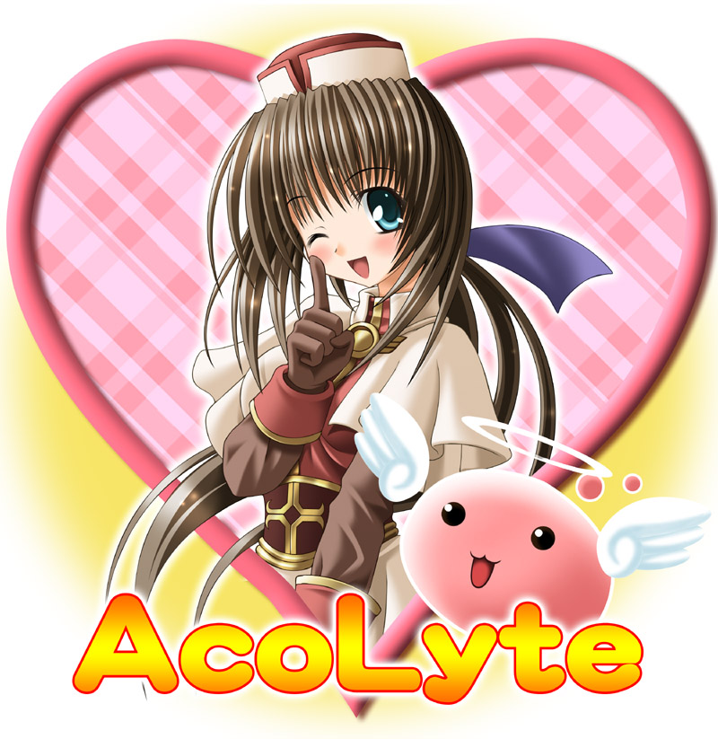noritama (gozen), acolyte (ragnarok online), poring, ragnarok online, 1girl, ;d, angel wings, blue eyes, brown gloves, brown hair, creature, elbow gloves, female focus, flying, full body, gloves, halo, heart, index finger raised, long hair, looking at viewer, one eye closed, open mouth, puffy short sleeves, puffy sleeves, short sleeves, slime (creature), smile, solo, traditional halo, upper body, wings