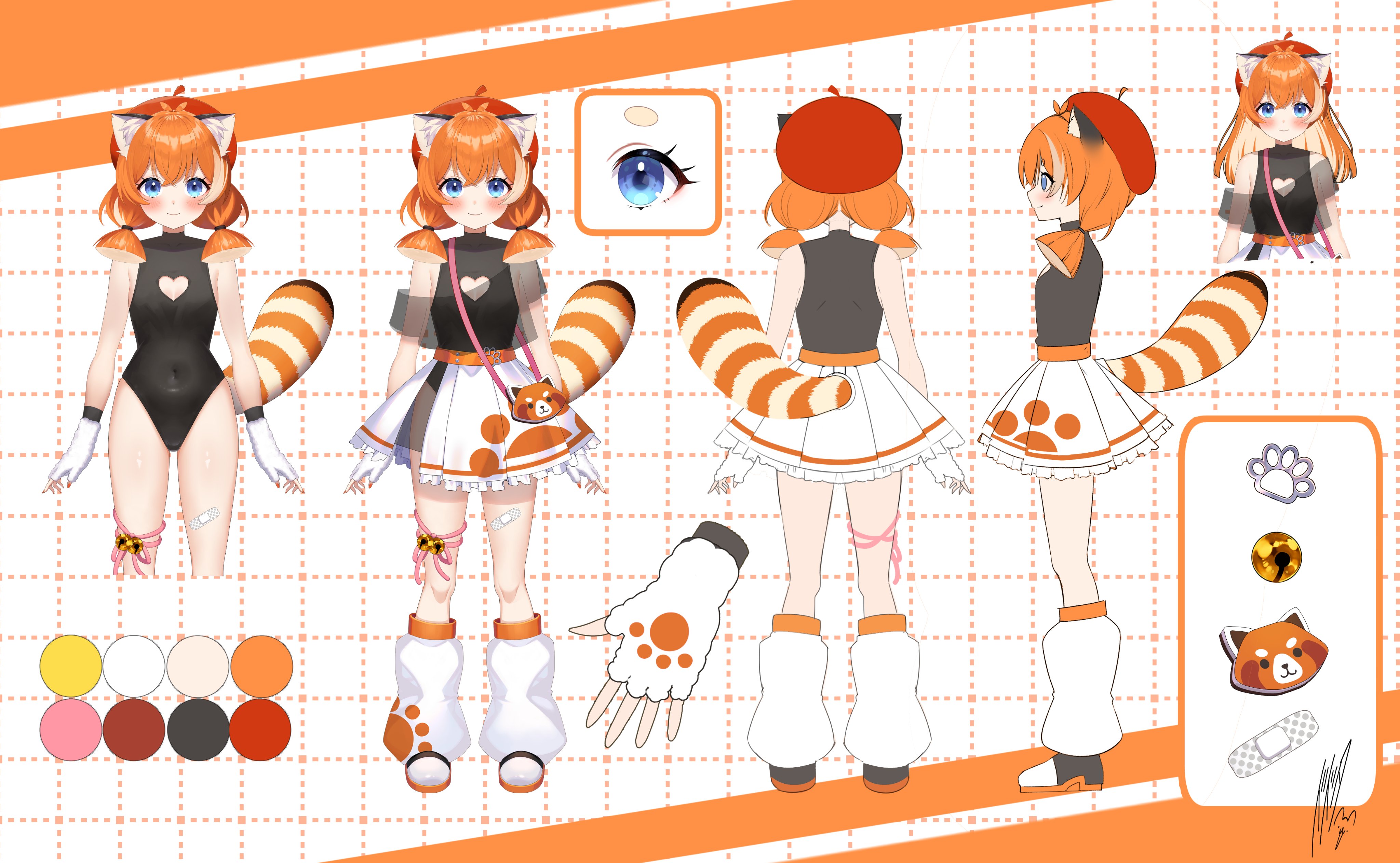 dodota, indie virtual youtuber, absurdres, commentary, english commentary, highres, second-party source, 1girl, animal ears, antenna hair, arms at sides, bag, bandaid, bandaid on leg, bell, beret, blue eyes, blush, closed mouth, clothing cutout, colored inner hair, covered navel, fingerless gloves, gloves, grid background, hair down, handbag, hat, heart cutout, jingle bell, looking at viewer, loose socks, multicolored hair, multiple views, orange hair, panda ears, panda girl, panda tail, paw print, pleated skirt, red hat, reference sheet, see-through clothes, shoes, short twintails, skirt, smile, socks, standing, thick eyebrows, toffee vt, twintails, white background, white gloves, white skirt, white socks