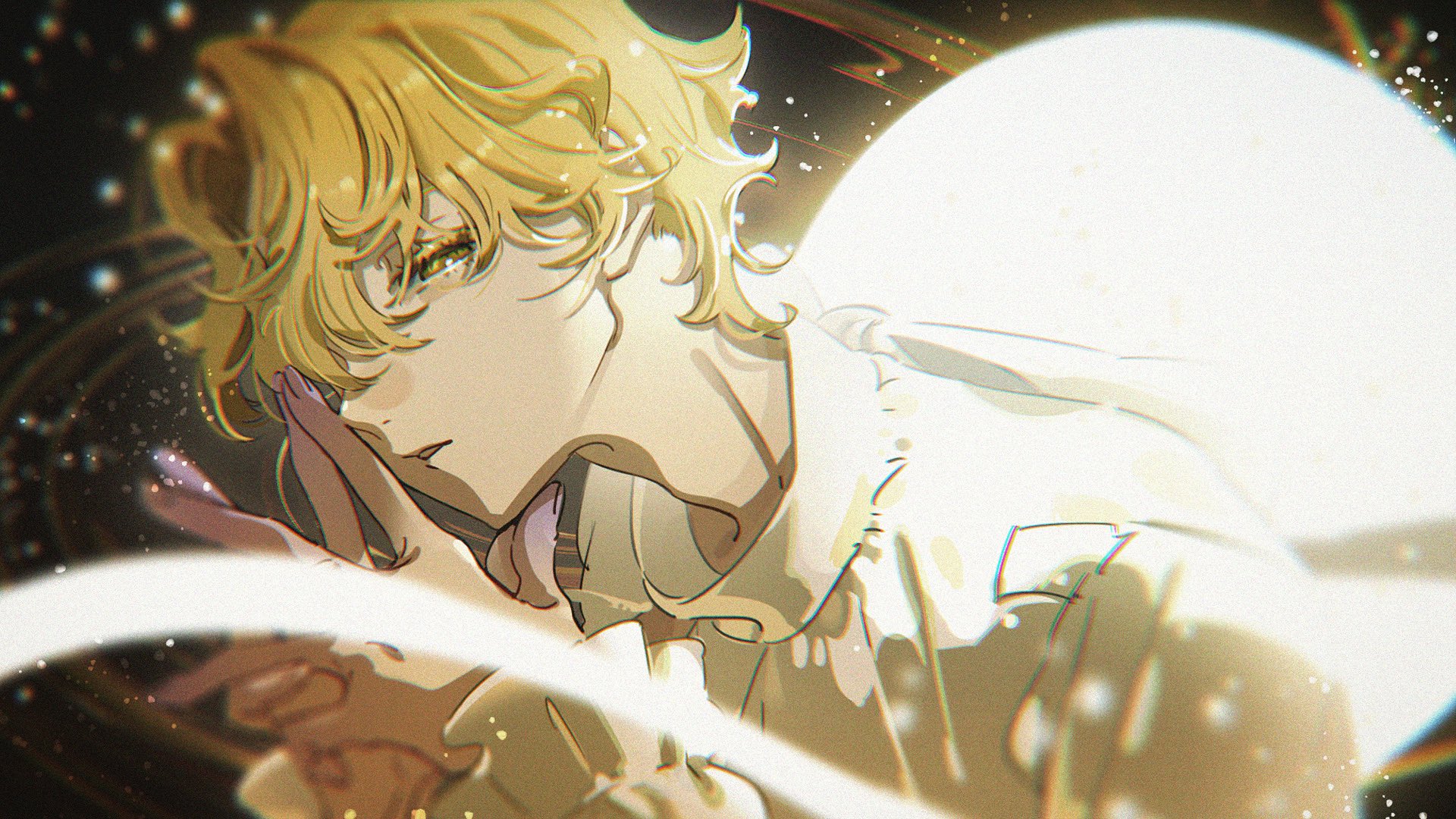kireji18, luka (alien stage), alien stage, commentary, hashtag-only commentary, highres, 1boy, blonde hair, colored extremities, full moon, long sleeves, male focus, moon, own hands together, parted lips, shirt, short hair, solo, white shirt, yellow eyes