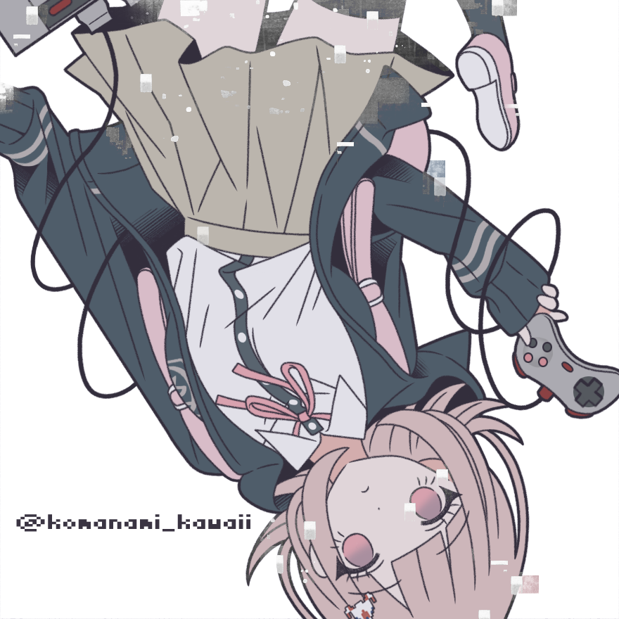 komanami kawaii, nanami chiaki, danganronpa (series), danganronpa 2: goodbye despair, 1girl, artist name, black thighhighs, brown hair, brown skirt, controller, game controller, hair ornament, holding, holding controller, holding game controller, miniskirt, neck ribbon, pink eyes, pink ribbon, pleated skirt, ribbon, shirt tucked in, shoes, simple background, skirt, thighhighs, upside-down, white background, zettai ryouiki