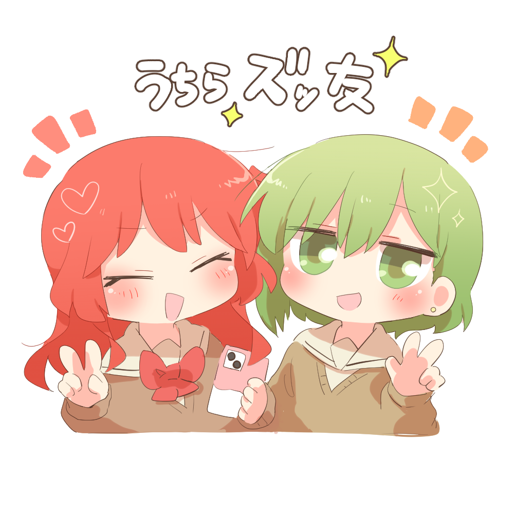 rebecca (keinelove), kita ikuyo, sasaki tsuguko, bocchi the rock!, commentary request, translation request, 2girls, :d, blush, bow, bowtie, brown sweater, cellphone, chibi, chibi only, closed eyes, cropped torso, facing viewer, green eyes, green hair, hand up, holding, holding phone, long hair, long sleeves, looking at viewer, multiple girls, notice lines, one side up, open mouth, phone, red bow, red bowtie, red hair, sailor collar, school uniform, short hair, shuka high school uniform, simple background, smartphone, smile, sparkle, sweater, v, white background, white sailor collar