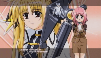 bardiche (nanoha), caro ru lushe, fate testarossa, friedrich (nanoha), kerykeion (nanoha), lyrical nanoha, mahou shoujo lyrical nanoha, mahou shoujo lyrical nanoha strikers, animated, animated gif, anime screenshot, lowres, 00s, 2girls, ahoge, blonde hair, blue eyes, cape, coat, dragon, fingerless gloves, gloves, hat, magical girl, military, military uniform, multiple girls, pink hair, transformation, twintails