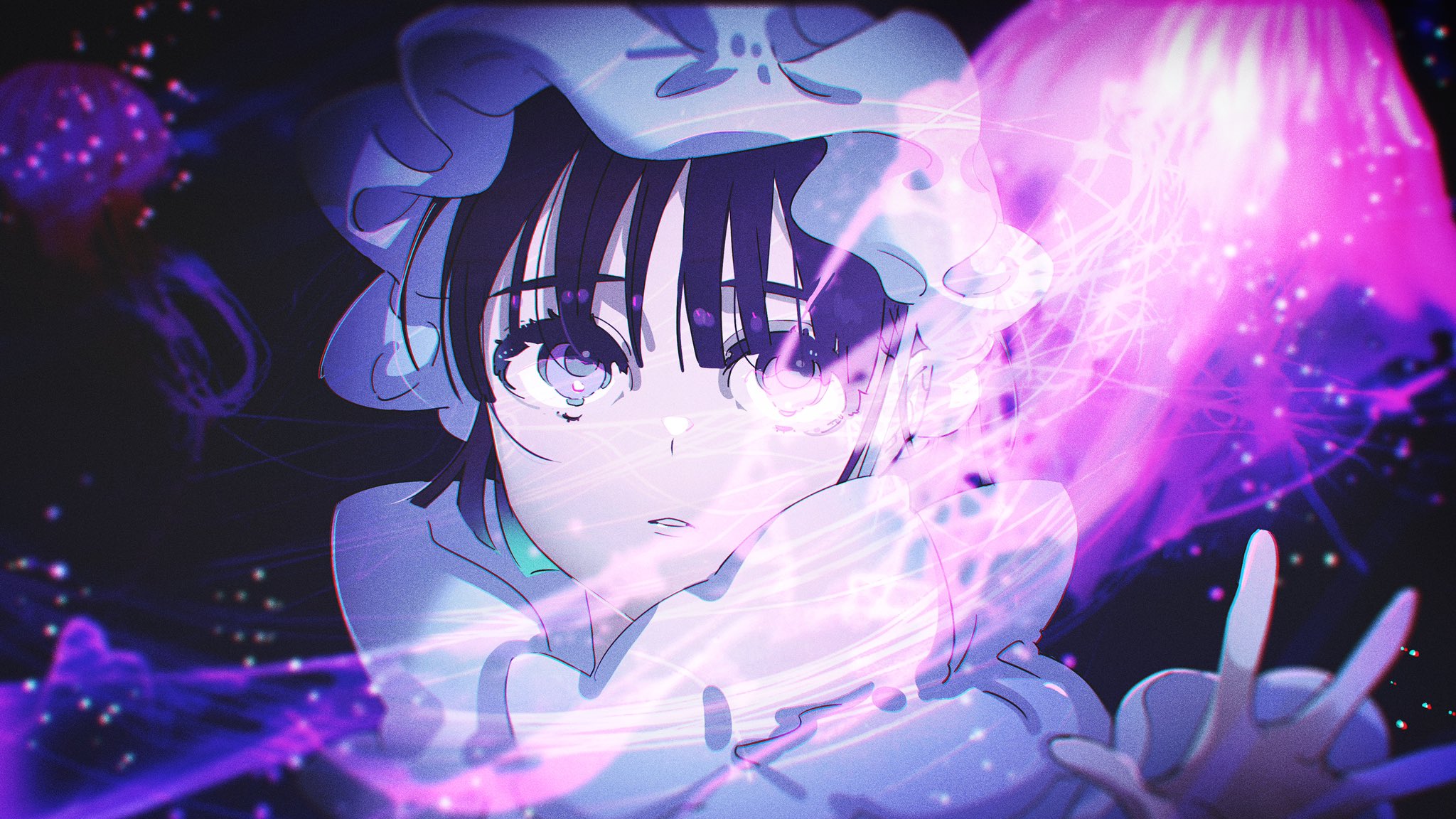 kireji18, sua (alien stage), alien stage, commentary, hashtag-only commentary, highres, 1girl, aged down, black hair, bonnet, grey eyes, jellyfish, looking at animal, parted lips, short hair, solo, white bonnet