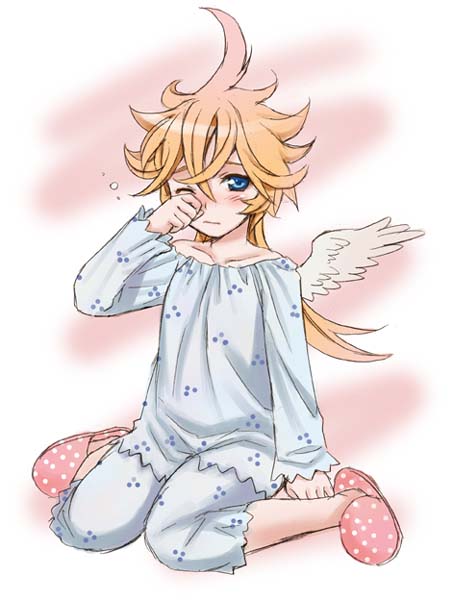 mattaku mousuke, 1girl, female focus, full body, messy hair, pajamas, sitting, sleepy, slippers, solo, wings