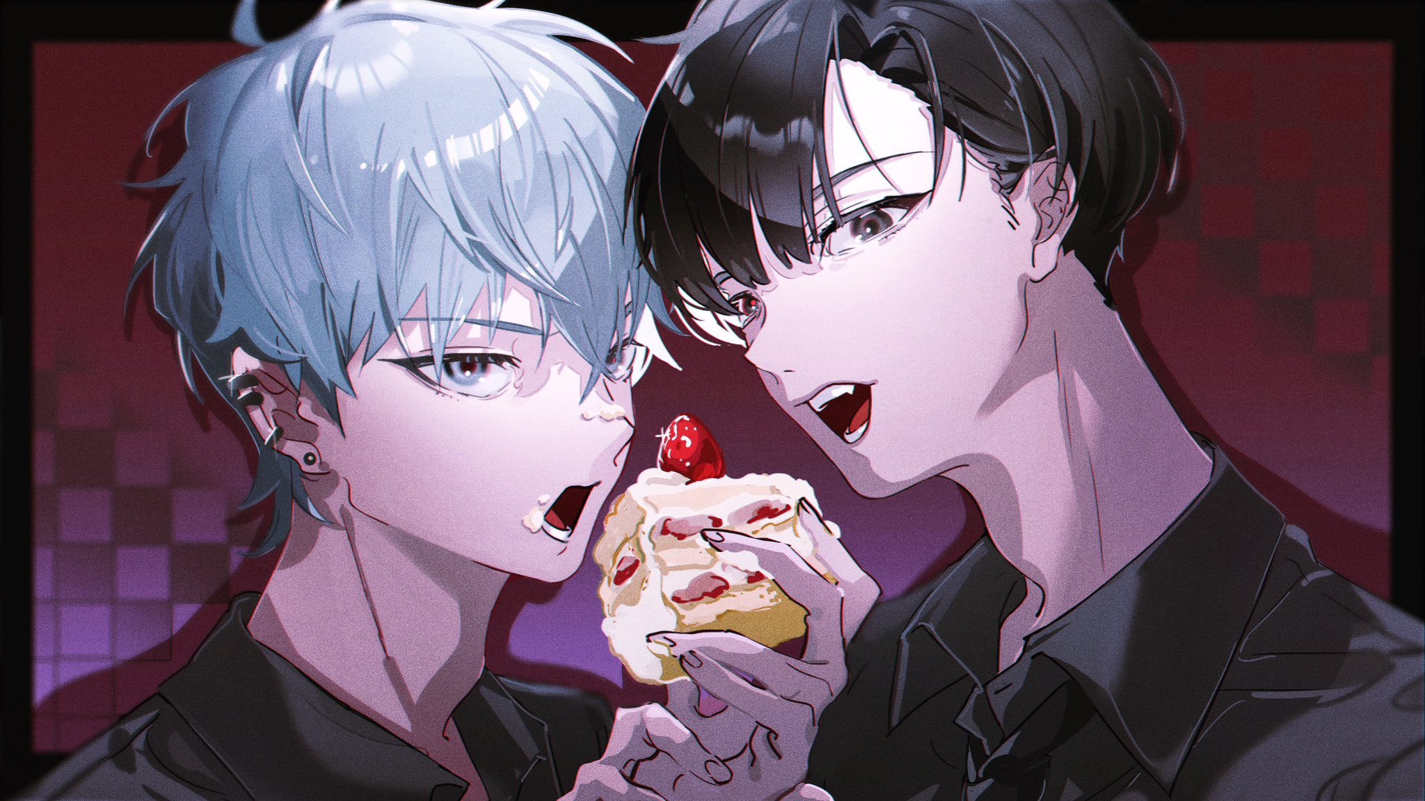 kireji18, ivan (alien stage), till (alien stage), alien stage, commentary, hashtag-only commentary, highres, 2boys, black eyes, black hair, black shirt, cake, cake slice, checkered background, collared shirt, ear piercing, earrings, fang, food, fruit, green eyes, grey hair, holding, holding cake, holding food, icing, jewelry, male focus, multiple boys, open mouth, piercing, shirt, short hair, strawberry, very short hair