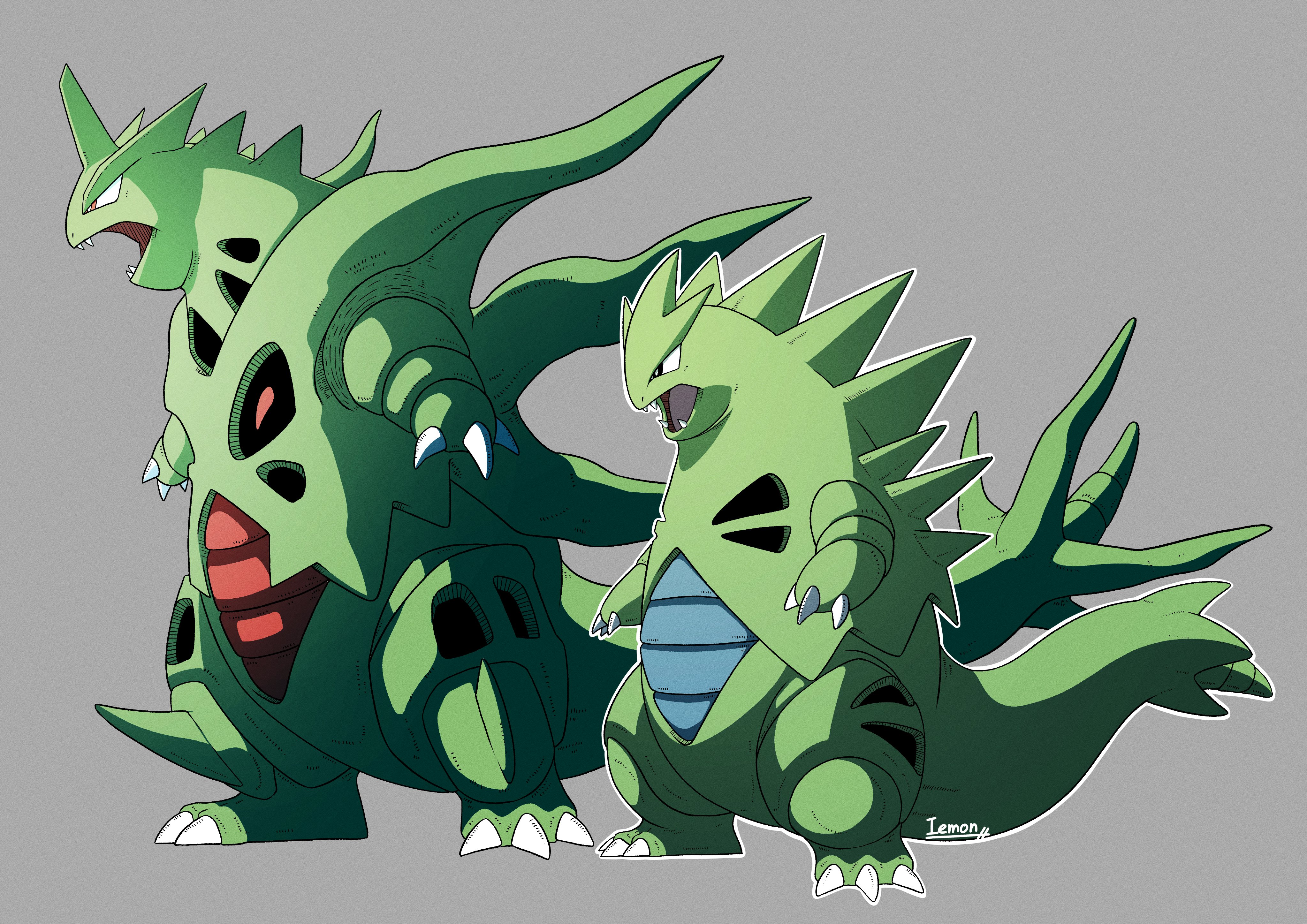 mega tyranitar, tyranitar, nintendo, pokemon, absurdres, highres, black eyes, claws, fangs, full body, gen 2 pokemon, iemon0248, mega pokemon, no humans, open mouth, pokemon (creature), pokemon focus, red eyes, sharp teeth, simple background, tail, teeth