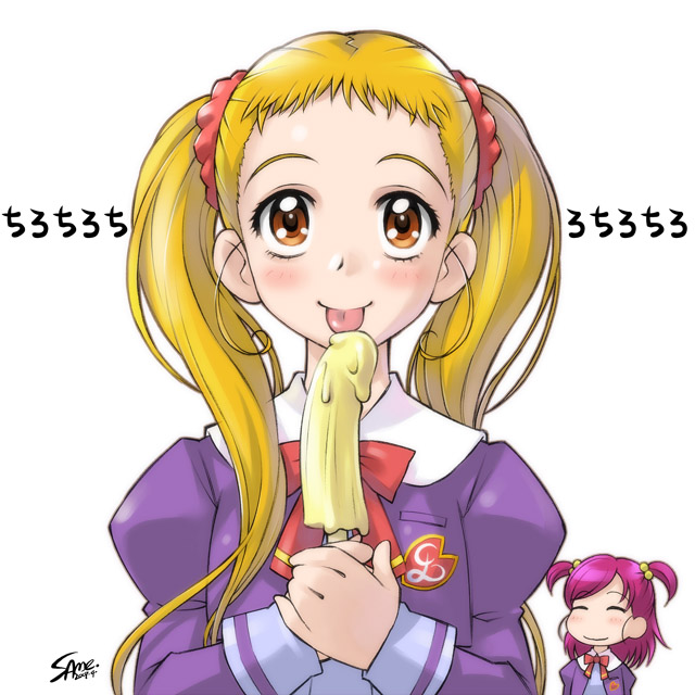 sameha ikuya, kasugano urara (yes! precure 5), yumehara nozomi, precure, yes! precure 5, 00s, 2girls, banana popsicle, blonde hair, brown hair, food, multiple girls, pink hair, popsicle, school uniform, sexually suggestive, smile, two side up