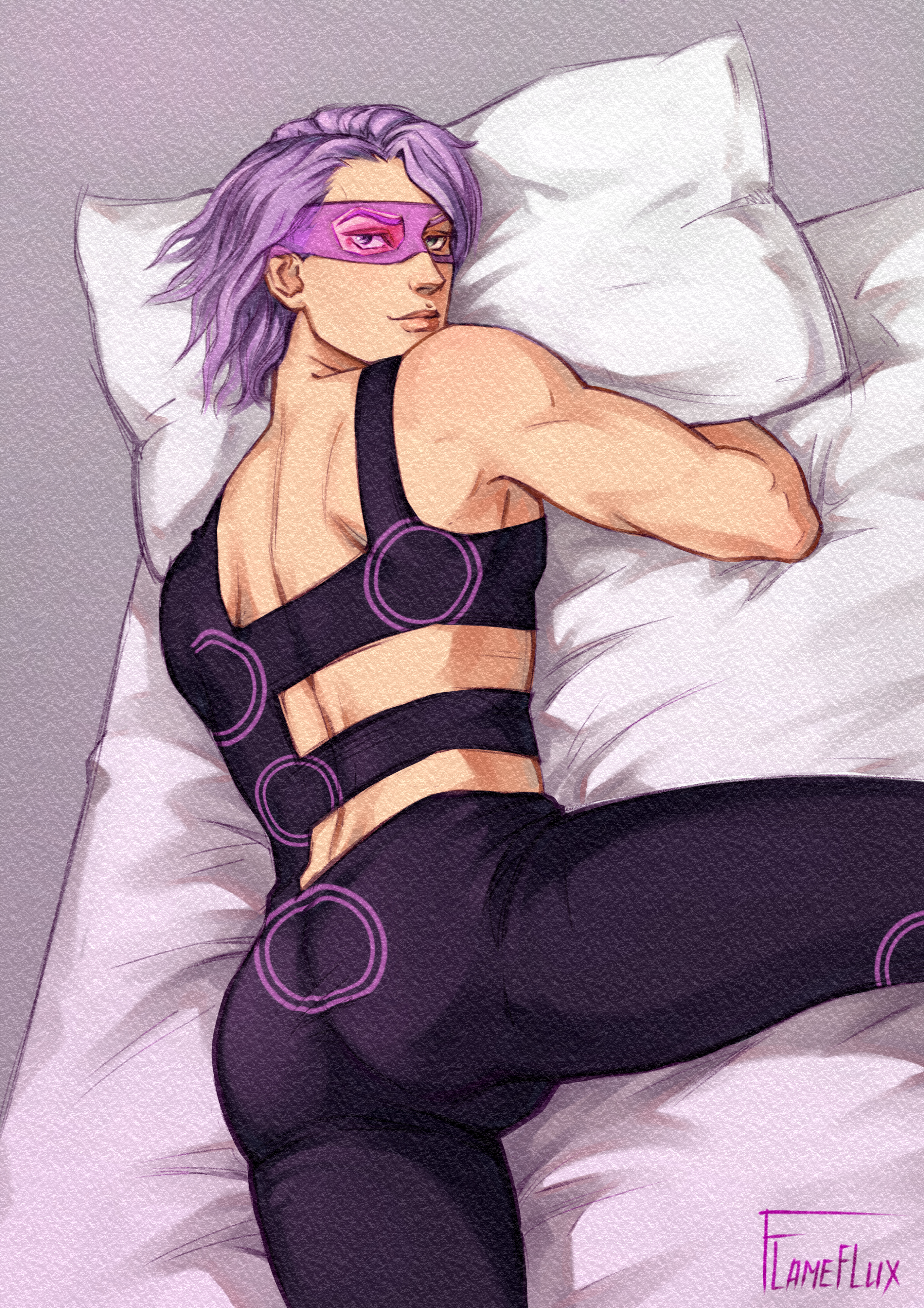 flameflux, melone, jojo no kimyou na bouken, vento aureo, absurdres, highres, non-web source, ass, bare shoulders, bodysuit, from behind, green eyes, long hair, looking at viewer, lying, male focus, mask, narrow waist, on stomach, open clothes, purple hair, seductive smile, smile, spread legs, thighs, tight clothes