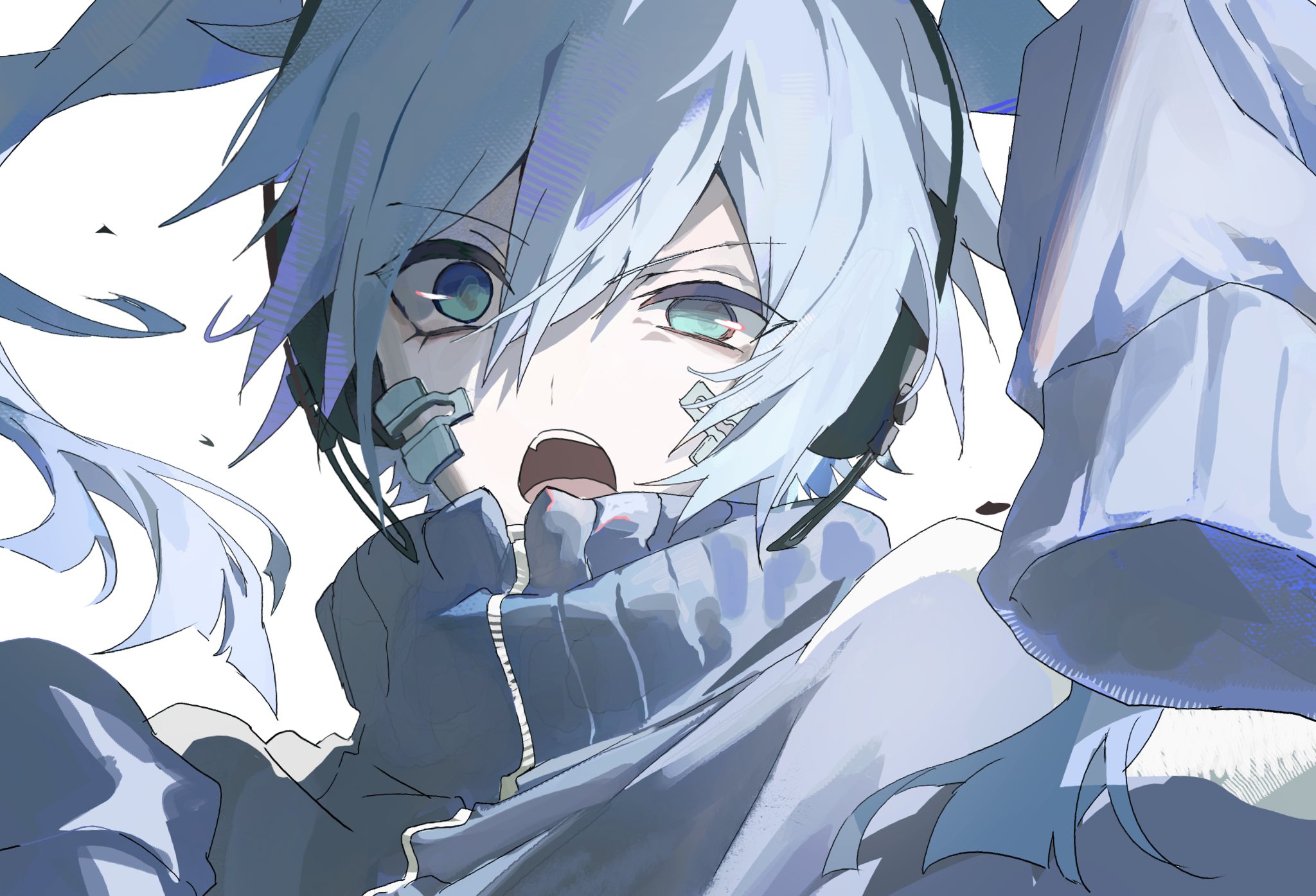 yukhoe (kaje7pi), ene (kagerou project), kagerou project, highres, 1girl, blue eyes, blue hair, blue jacket, facial mark, hair between eyes, headphones, jacket, long hair, long sleeves, looking at viewer, open mouth, simple background, sleeves past fingers, sleeves past wrists, solo, teeth, track jacket, twintails, upper teeth only, white background