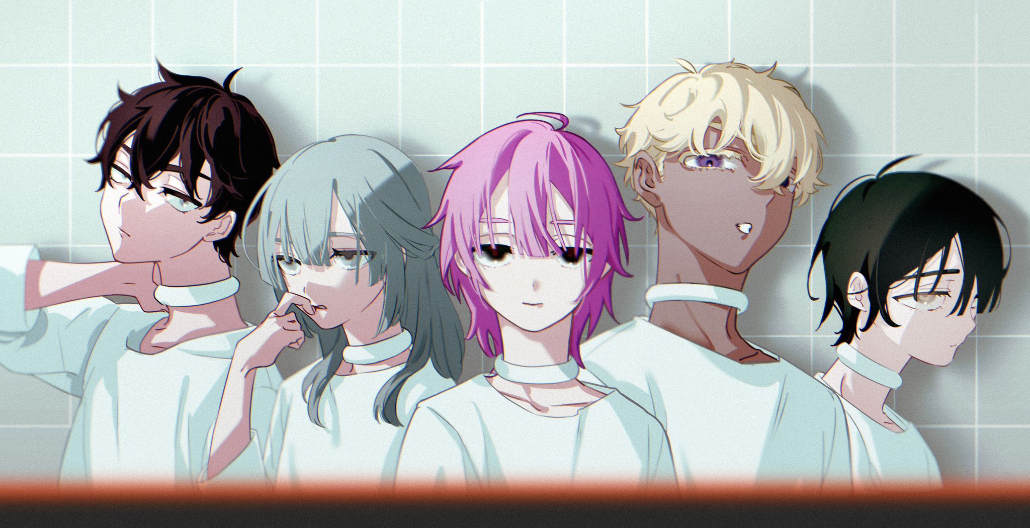 kireji18, alien stage, commentary, hashtag-only commentary, highres, black eyes, black hair, blonde hair, brown hair, choker, dark-skinned male, dark skin, green eyes, grey hair, hand on own neck, long hair, medium hair, pink hair, purple eyes, shirt, short hair, tile wall, tiles, very short hair, white choker, white shirt, yellow eyes