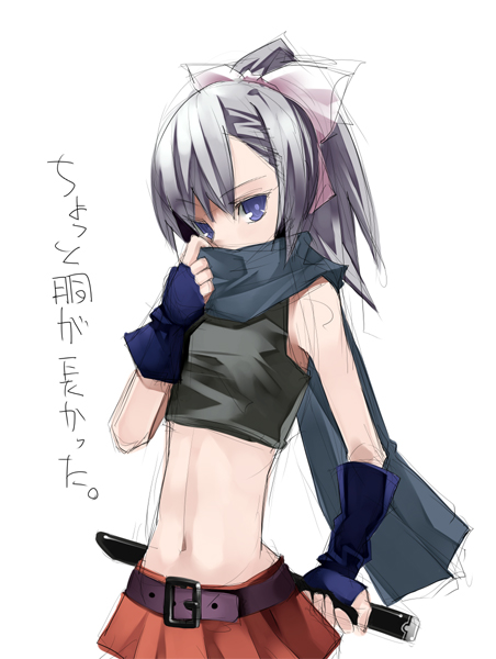 murata taichi, original, silver hair, 1girl, belt, black scarf, blue eyes, covered mouth, crop top, female focus, fingerless gloves, gloves, hair ribbon, long hair, looking at viewer, microskirt, midriff, navel, ninja, pleated skirt, ponytail, red skirt, ribbon, scarf, sheath, sheathed, short sword, simple background, sketch, skirt, solo, sword, tank top, tantou, tsurime, weapon, white background