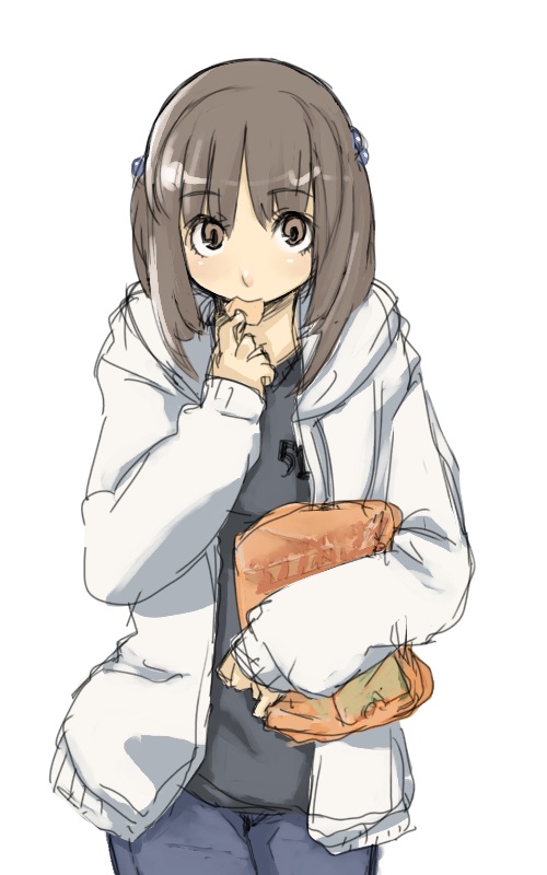 tamaru tokihiko, original, eyebrows, 1girl, brown eyes, brown hair, clothes writing, cowboy shot, eating, female focus, food, food in mouth, hair bobbles, hair ornament, holding, holding food, hood, hood down, hooded jacket, jacket, long sleeves, looking at viewer, pants, simple background, sketch, snack, solo, two side up, v-neck, white background
