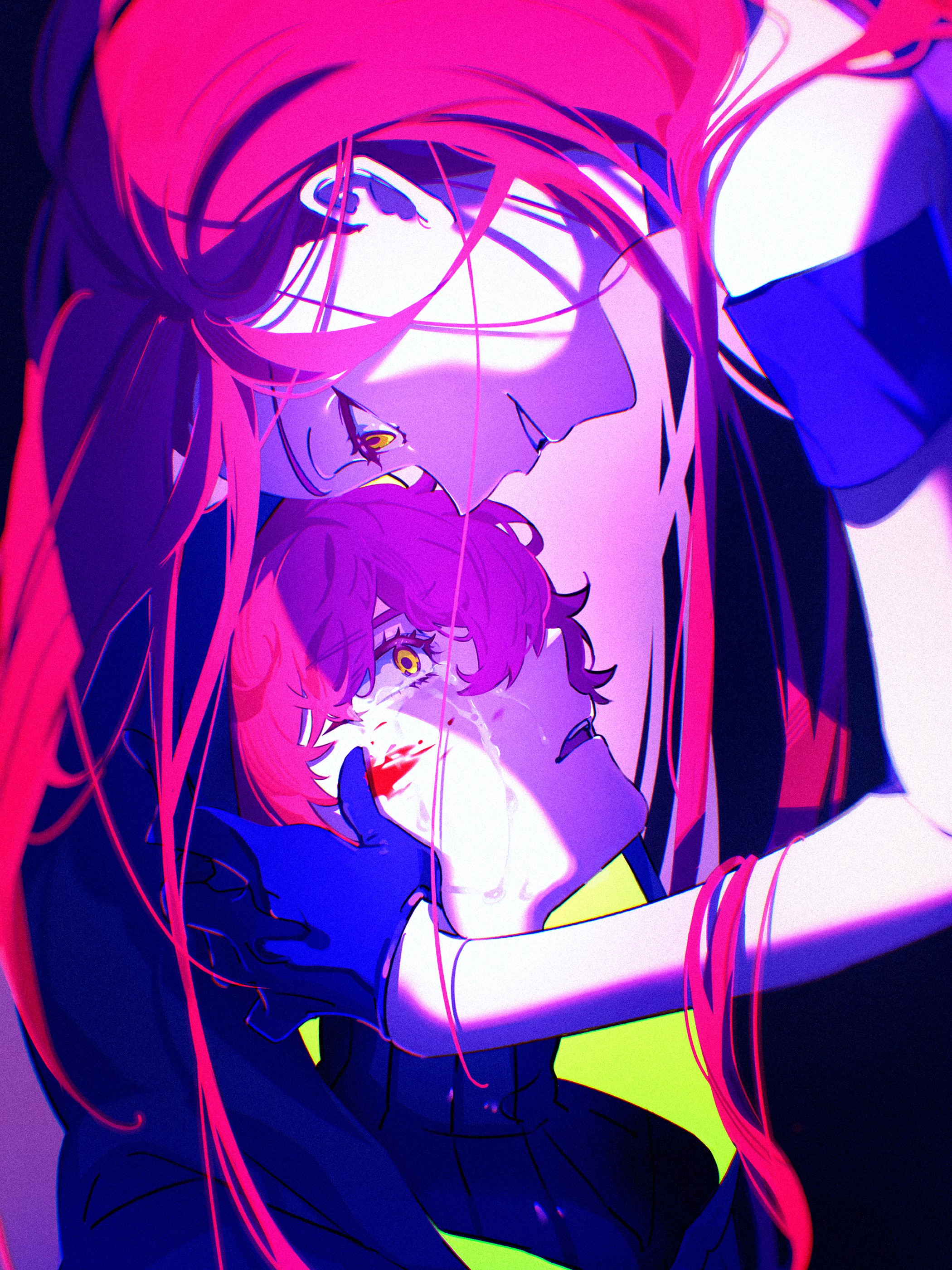 kireji18, mizi (alien stage), alien stage, absurdres, commentary, hashtag-only commentary, highres, 2girls, black gloves, black hood, black shirt, blood, blood on face, crying, crying with eyes open, dual persona, gloves, hand on another's face, hood, hood up, long hair, multiple girls, pink hair, shirt, short hair, smile, tears, yellow eyes