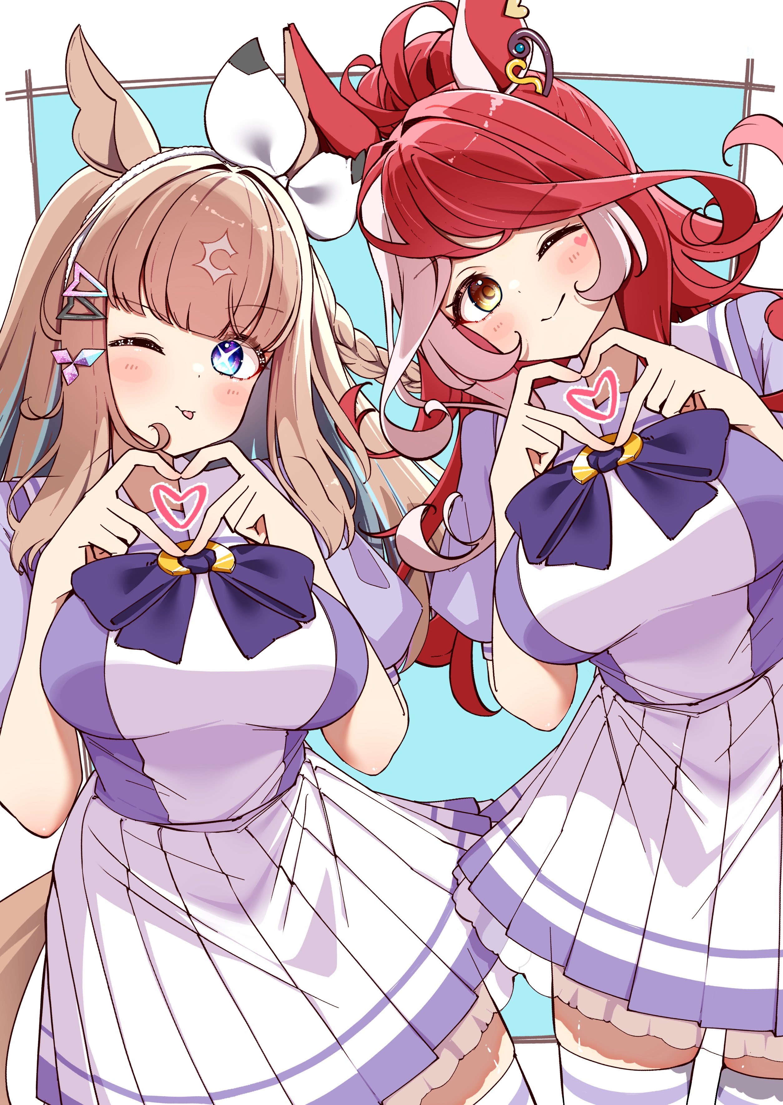 ponta (1859ysmssstsp), almond eye (umamusume), loves only you (umamusume), umamusume, absurdres, highres, 2girls, animal ears, blue eyes, blush, bow hairband, breasts, brown hair, closed mouth, colored inner hair, facial mark, hair between eyes, hair ornament, hairband, hairclip, heart, heart facial mark, heart hands, heart on cheek, horse ears, horse girl, horse tail, large breasts, long hair, looking at viewer, multicolored hair, multiple girls, one eye closed, pleated skirt, puffy short sleeves, puffy sleeves, purple sailor collar, purple serafuku, purple shirt, purple skirt, red hair, sailor collar, sailor shirt, school uniform, serafuku, shirt, short sleeves, skirt, smile, tail, thighhighs, tongue, tongue out, tracen school uniform, white hairband, white sailor collar, white skirt, white thighhighs, yellow eyes