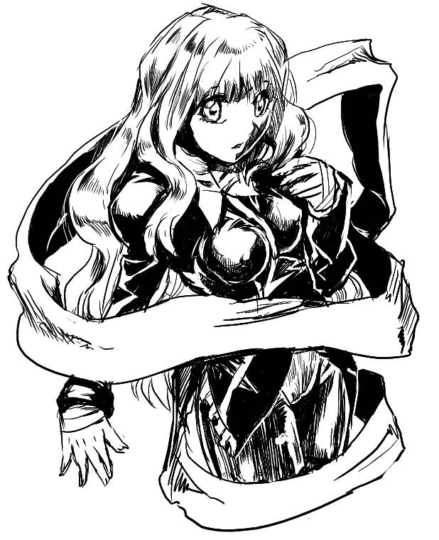 takenoko hoshihito, takenoko seijin, caren hortensia, fate/hollow ataraxia, fate/stay night, fate (series), 00s, 1girl, breasts, crazy eyes, dress, female focus, greyscale, long sleeves, looking at viewer, monochrome, pantyhose, shawl, simple background, skin tight, solo, white background, wide-eyed