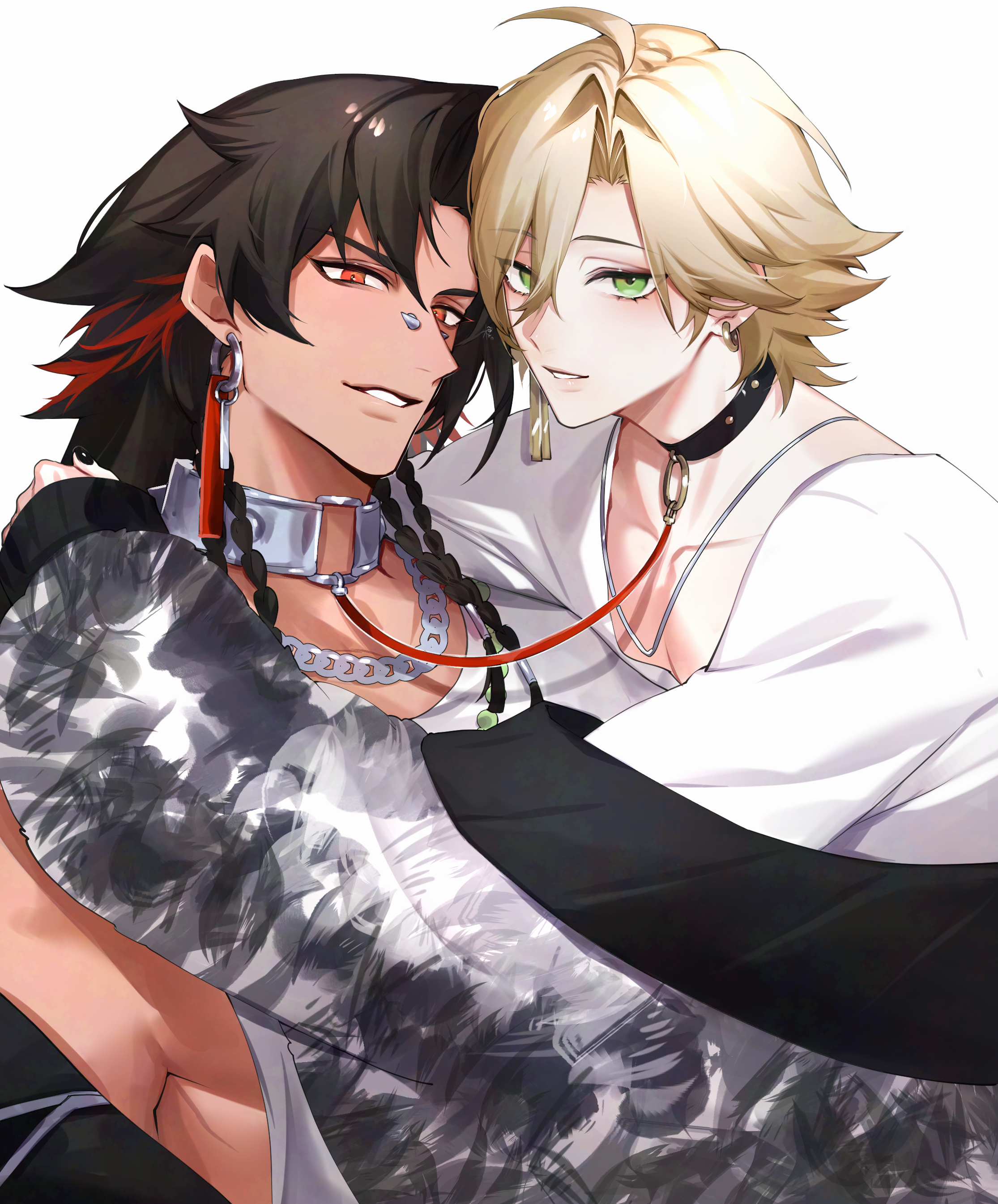 konsai 2, asura (onmyoji), taishakuten (onmyoji), onmyoji, absurdres, commentary, highres, symbol-only commentary, 2boys, black choker, black hair, blonde hair, choker, earrings, green eyes, hug, jewelry, long hair, looking at viewer, male focus, multiple boys, red hair, shirt, simple background, teeth, upper body, white background, white shirt, yaoi