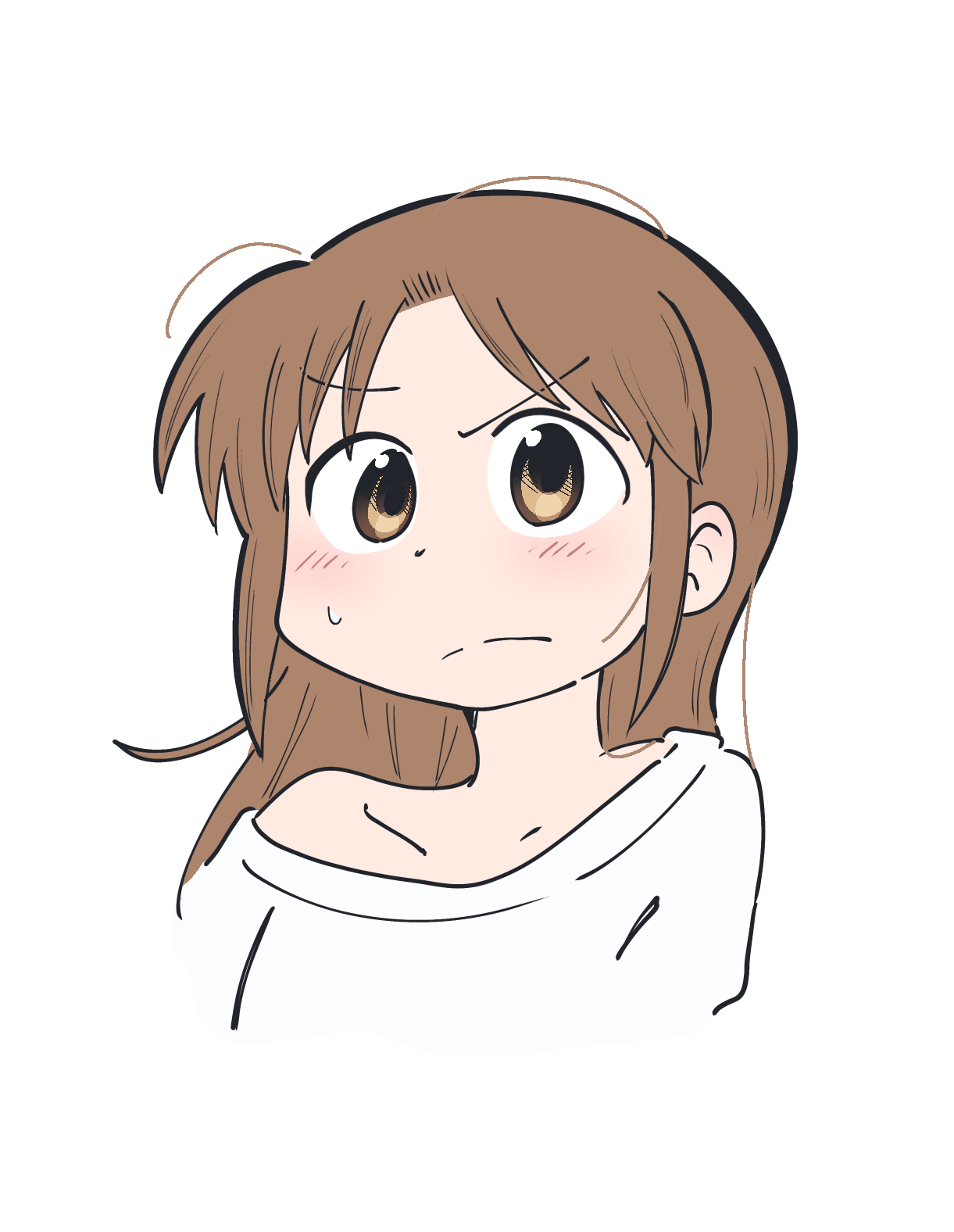 nagumo midori, city (arawi keiichi), highres, 1girl, alternate hairstyle, brown eyes, brown hair, closed mouth, collarbone, cropped torso, long hair, looking at viewer, off-shoulder shirt, off shoulder, shirt, sidelocks, simple background, small sweatdrop, very long hair, white background, white shirt, wichimi