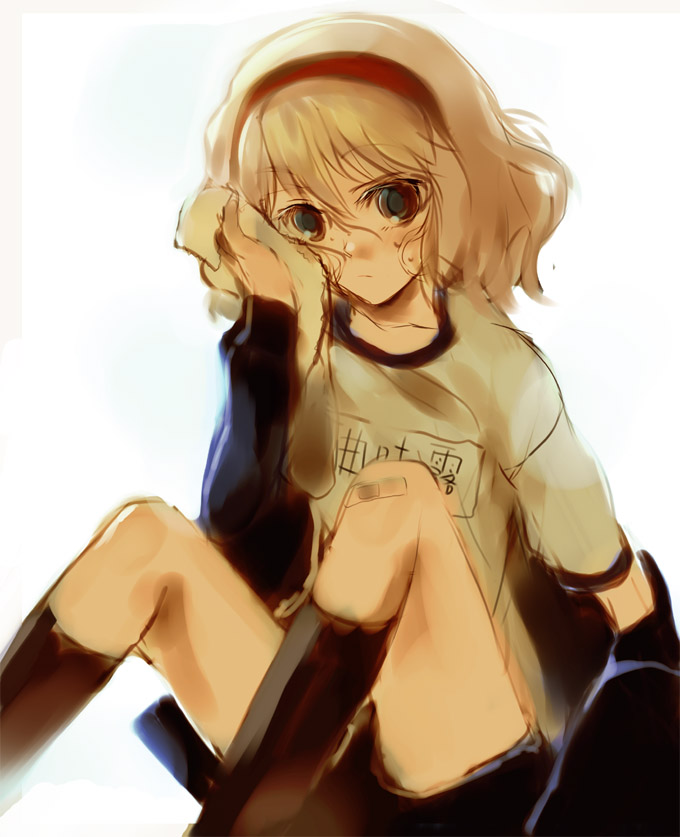 nokishita, alice margatroid, touhou, 1girl, alternate costume, female focus, gym uniform, shorts, solo, white background