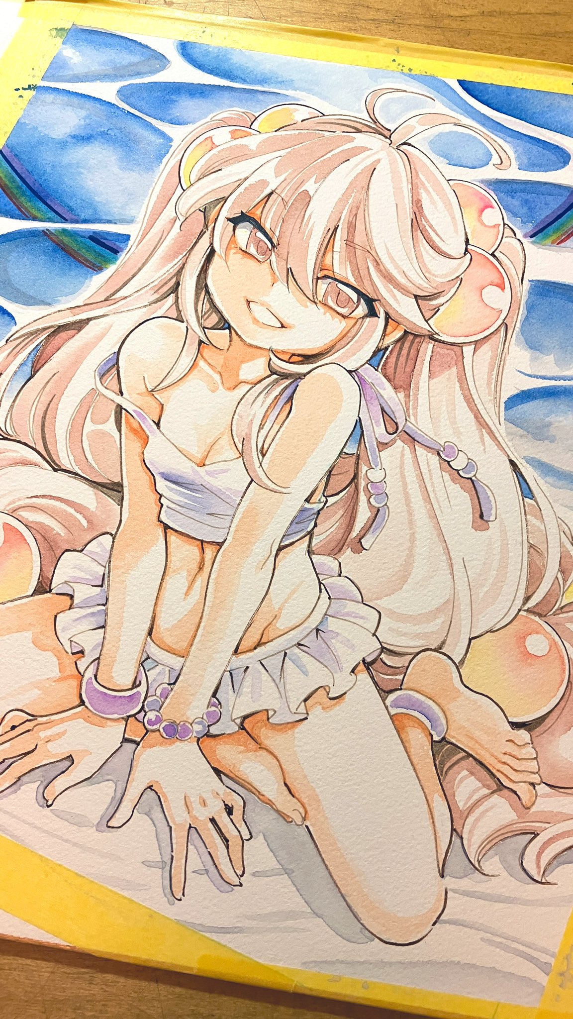 watashiya kaworu, kokonoe rin, kodomo no jikan, commentary request, highres, photo (medium), traditional media, 1girl, bikini, bikini skirt, breasts, grey eyes, grey hair, long hair, looking at viewer, navel, sitting, small breasts, smile, solo, swimsuit, very long hair, water, white bikini