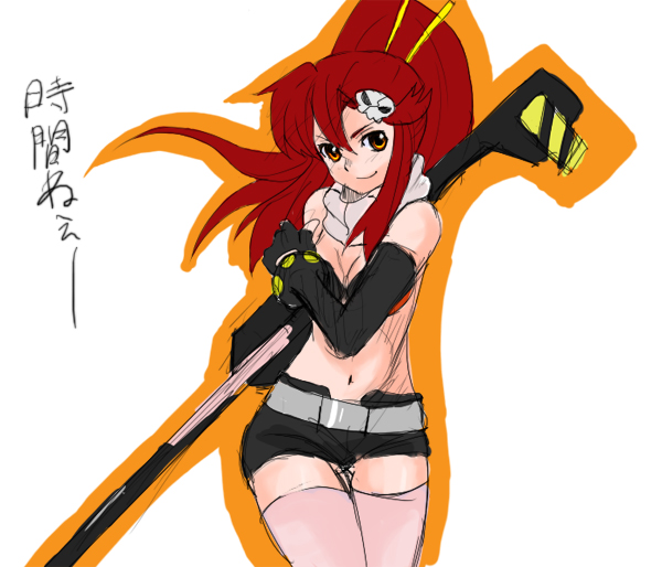 yoko littner, tengen toppa gurren lagann, 00s, 1girl, anti-materiel rifle, breasts, brown eyes, cleavage, female focus, gun, hair ornament, long hair, pink thighhighs, ponytail, red hair, rifle, scarf, short shorts, shorts, skull hair ornament, smile, sniper rifle, solo, thighhighs, weapon