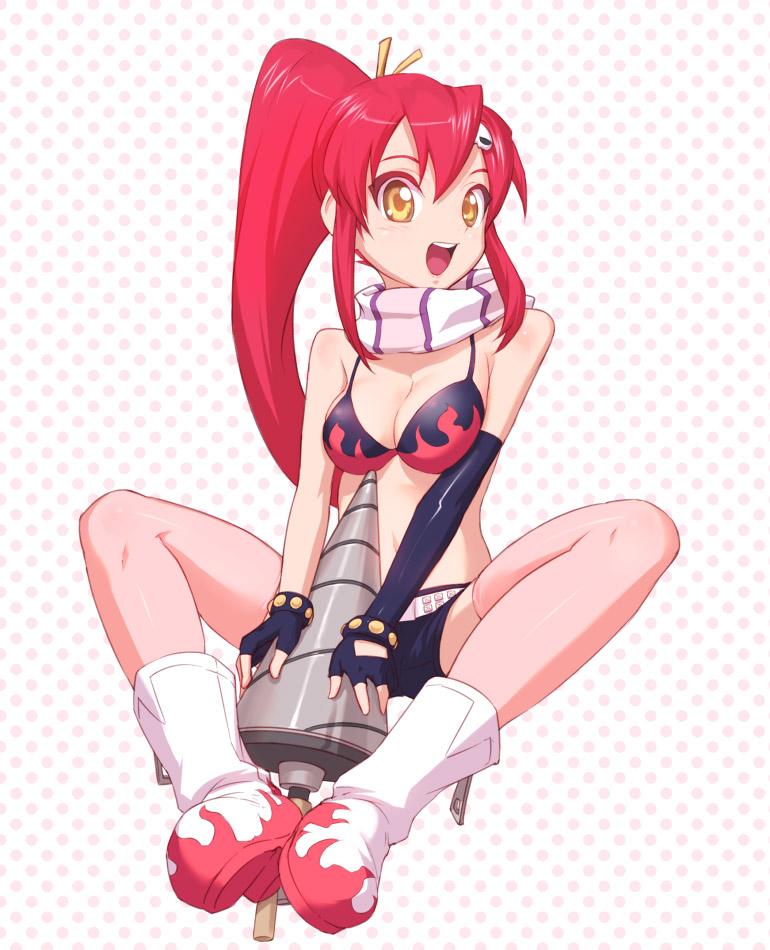 uni (plastic girl), yoko littner, tengen toppa gurren lagann, 00s, 1girl, asymmetrical gloves, bikini, bikini top only, boots, breasts, drill, elbow gloves, female focus, fingerless gloves, gloves, long hair, ponytail, red hair, scarf, sitting, solo, swimsuit, thighhighs, uneven gloves, yellow eyes