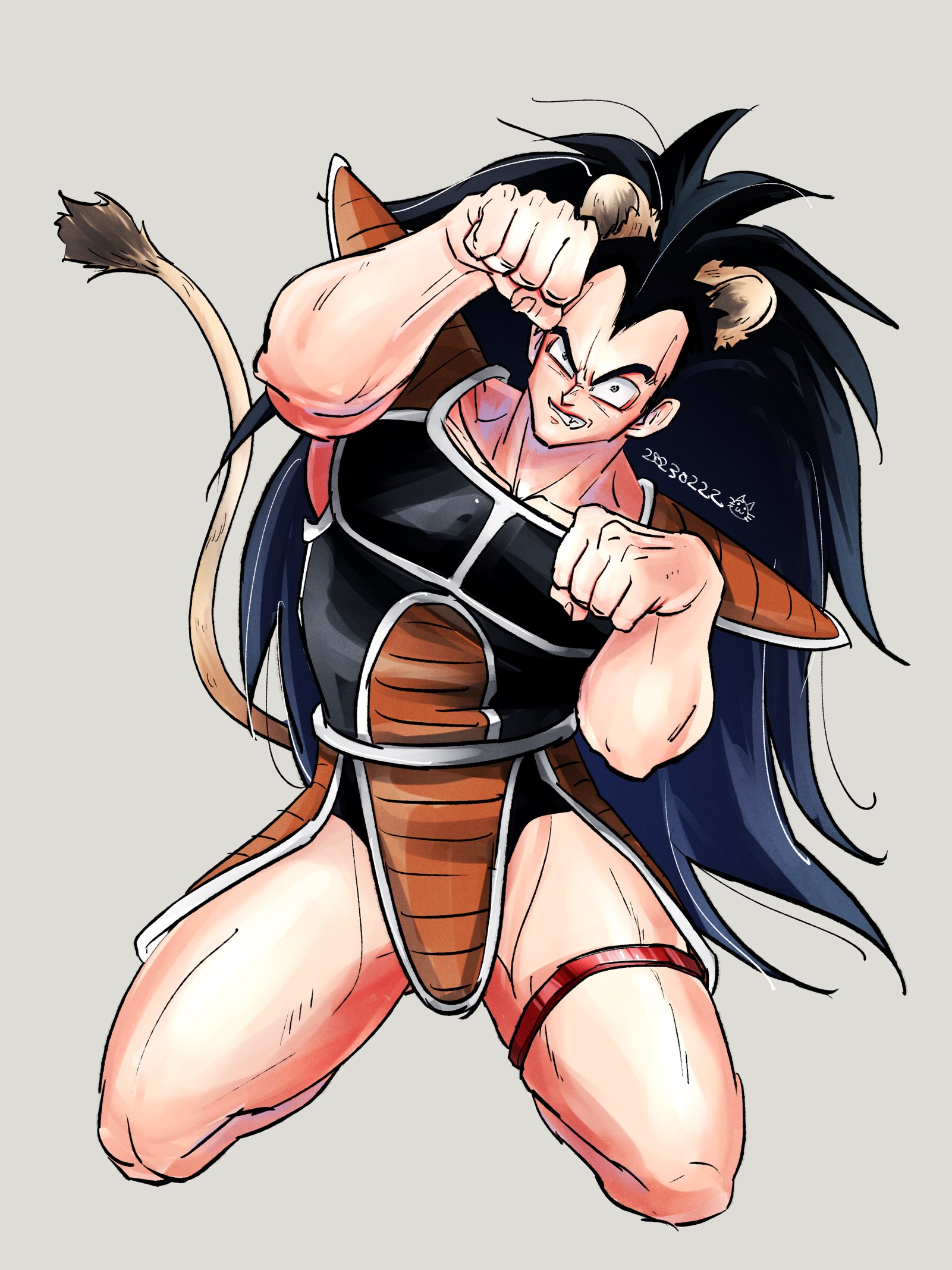 aco rz, raditz, dragon ball, dragonball z, 1boy, angry, animal ears, armor, arms up, bara, bare arms, bare legs, biceps, big hair, black armor, black eyes, black hair, black male underwear, breastplate, brown fur, clenched hands, clenched teeth, collarbone, dated, fang, fingernails, frown, full body, grey background, grin, hands up, jewelry, kemonomimi mode, kneeling, leaning, leaning to the side, lion boy, lion ears, lion tail, long hair, looking at viewer, male focus, male underwear, mature male, muscular, muscular male, no pants, pauldrons, paw pose, pectorals, pelvic curtain, red strap, seiza, sharp teeth, shoulder armor, shoulder pads, simple background, sitting, sleeveless, smile, snarl, solo, spiked hair, tail, tail raised, teeth, thick eyebrows, thick thighs, thigh strap, thighlet, thighs, toned, toned male, underwear, uneven eyes, v-shaped eyebrows, very long hair