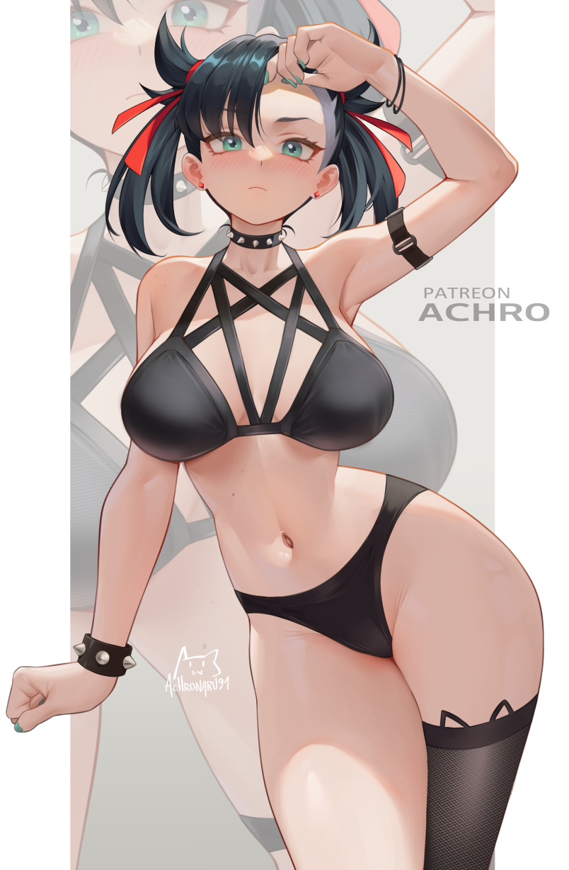 achromaru, marnie (pokemon), nintendo, pokemon, pokemon swsh, highres, 1girl, alternate costume, breasts, large breasts, lingerie, solo, underwear