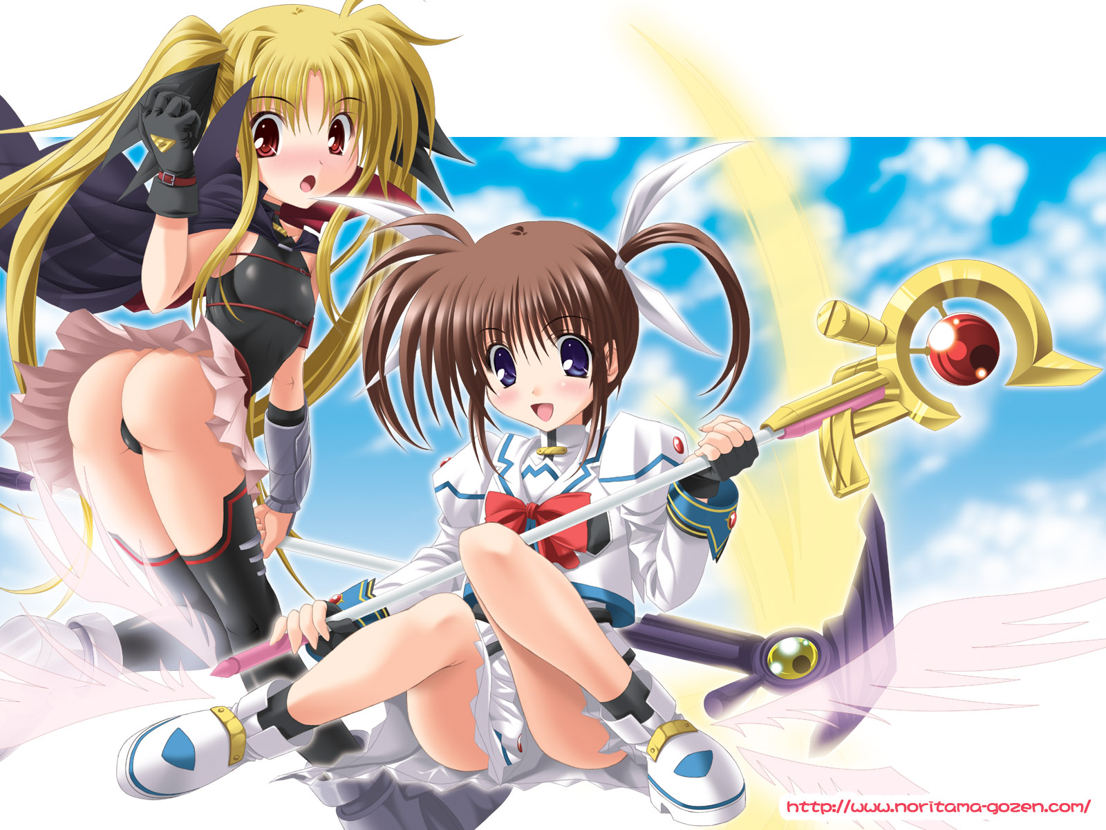 noritama (gozen), bardiche (haken form) (nanoha), bardiche (nanoha), fate testarossa, fate testarossa (lightning form), raising heart, raising heart (accel mode), takamachi nanoha, takamachi nanoha (sacred mode), lyrical nanoha, mahou shoujo lyrical nanoha, mahou shoujo lyrical nanoha a's, highres, 00s, 2girls, multiple girls, thighhighs