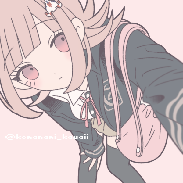 komanami kawaii, nanami chiaki, danganronpa (series), danganronpa 2: goodbye despair, 1girl, artist name, black shirt, black thighhighs, brown hair, closed mouth, dress shirt, hair ornament, jacket, open clothes, open jacket, pink bag, pink eyes, shirt, solo, thighhighs, white shirt