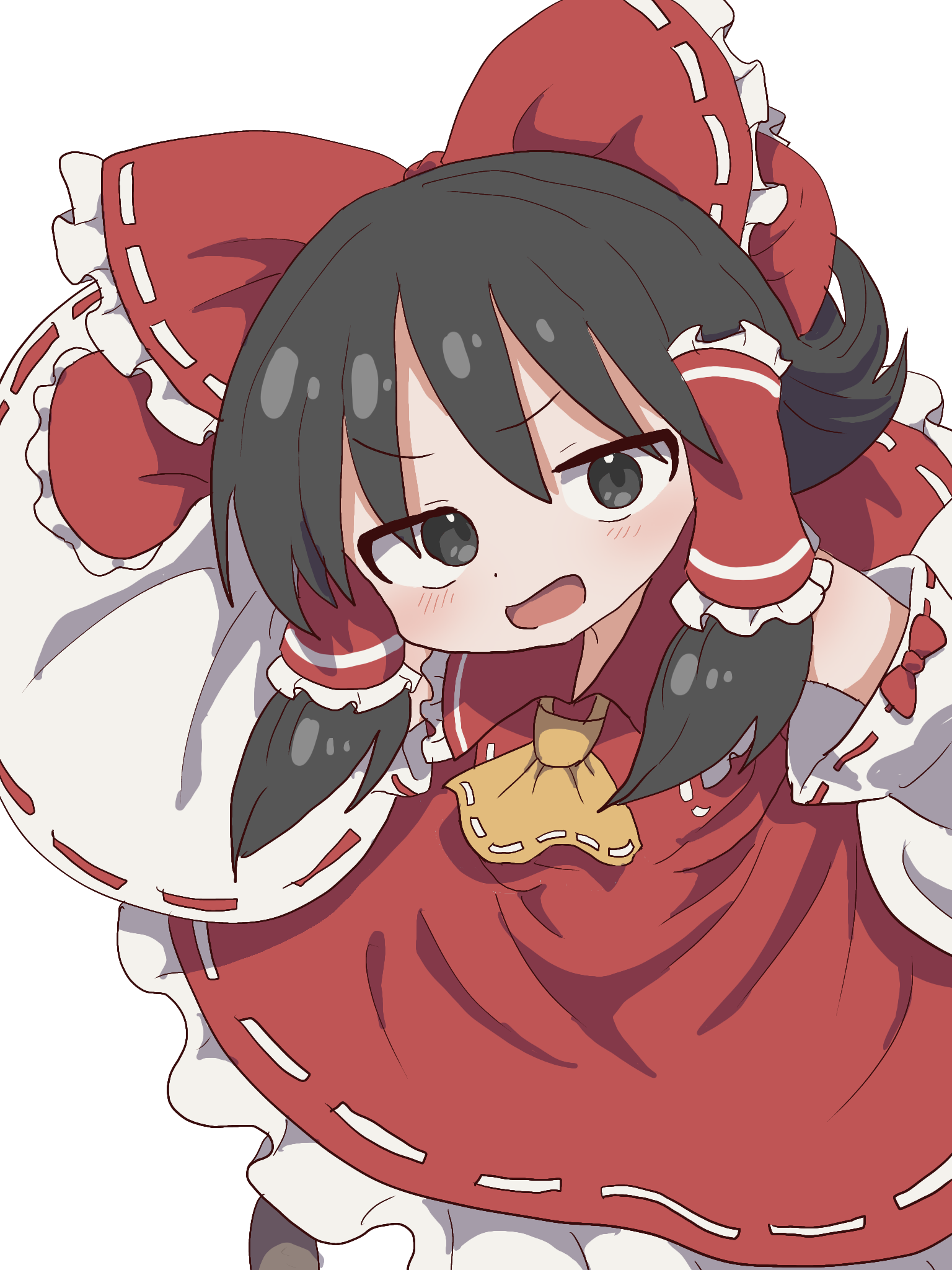 magg (user mtca8588), hakurei reimu, touhou, commentary, highres, 1girl, ascot, black eyes, black hair, bow, detached sleeves, dress, frilled bow, frilled hair tubes, frills, hair bow, hair tubes, long hair, looking at viewer, open mouth, red bow, red dress, ribbon-trimmed ascot, ribbon-trimmed bow, ribbon-trimmed dress, ribbon-trimmed sleeves, ribbon trim, sidelocks, solo, white background, white sleeves, yellow ascot