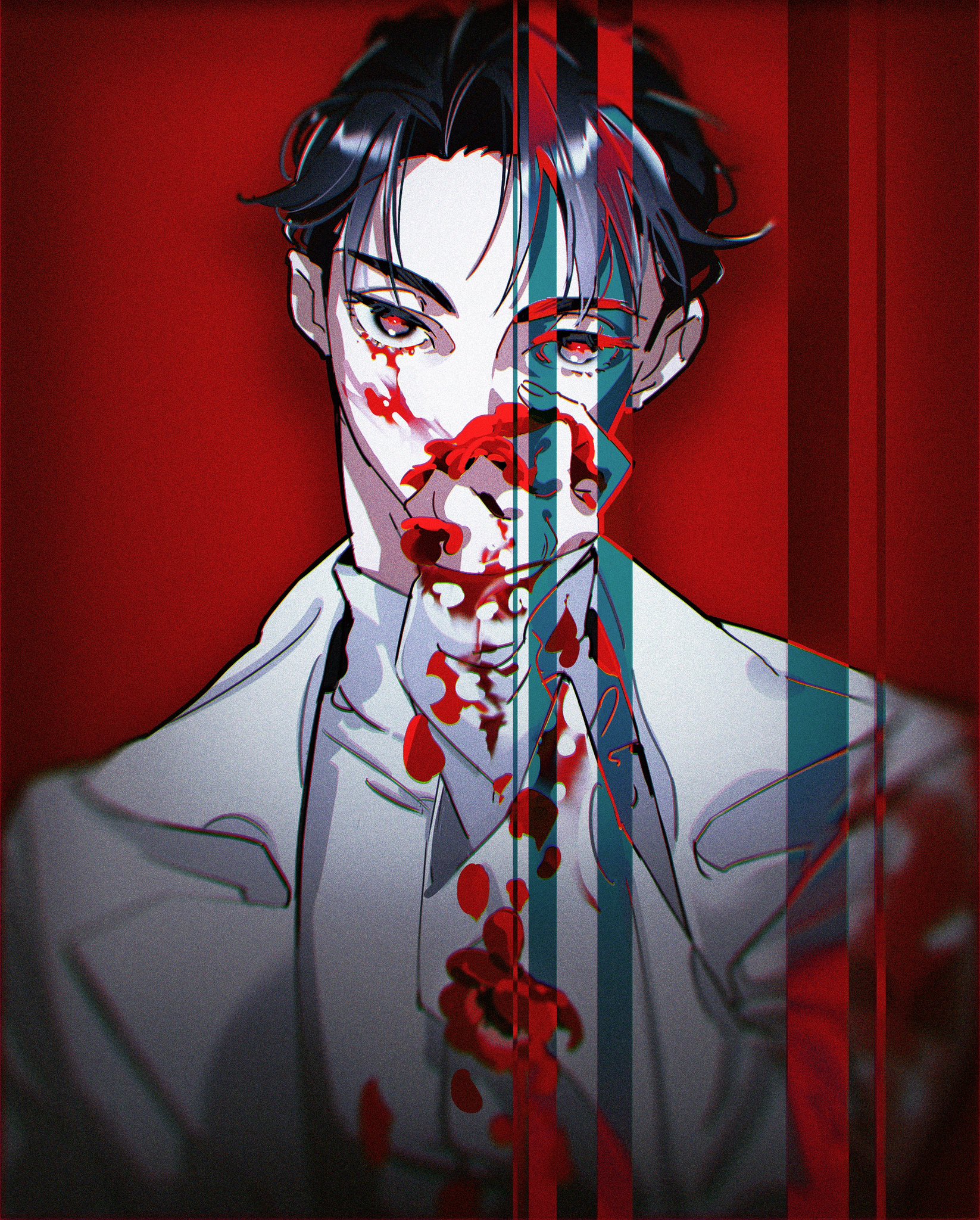 kireji18, ivan (alien stage), alien stage, commentary, hashtag-only commentary, highres, 1boy, black eyes, black hair, blood, coat, male focus, red background, red pupils, shirt, short hair, solo, turtleneck, turtleneck shirt, very short hair, white coat, white shirt