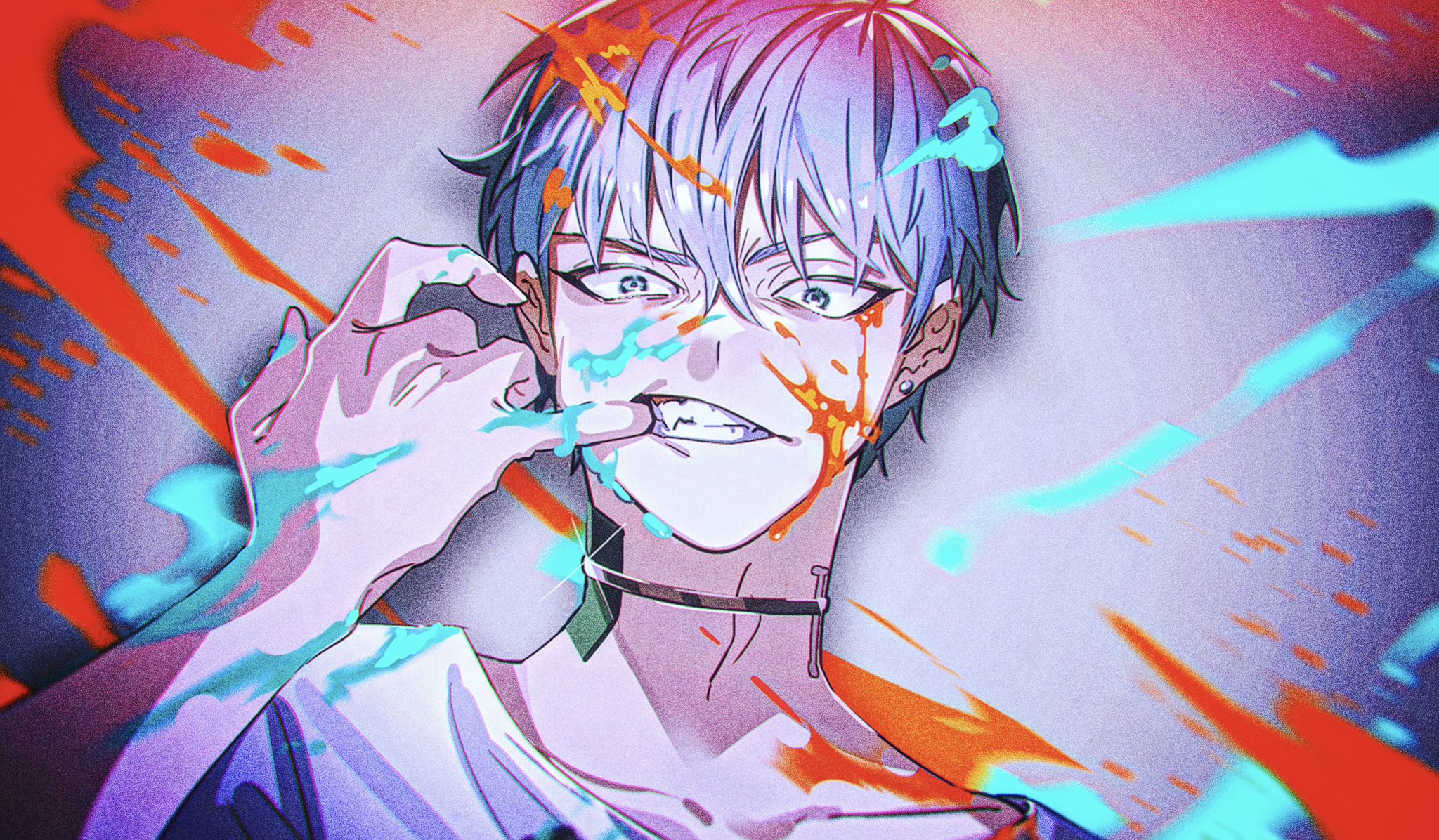 kireji18, till (alien stage), alien stage, commentary, hashtag-only commentary, highres, 1boy, choker, earrings, green eyes, grey choker, grey hair, jewelry, looking at viewer, male focus, mouth pull, neck tattoo, paint splatter, portrait, shirt, short hair, solo, tattoo, teeth, very short hair, white shirt
