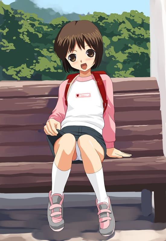 natori (natorism), original, 1girl, backpack, bag, female focus, miniskirt, panties, pantyshot, pencil skirt, randoseru, sitting, skirt, solo, underwear