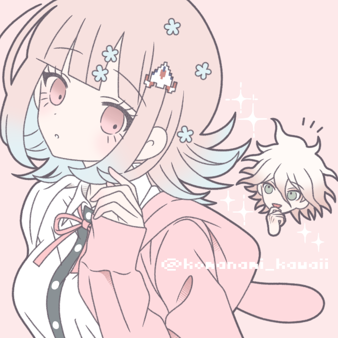komanami kawaii, komaeda nagito, nanami chiaki, danganronpa (series), danganronpa 2: goodbye despair, 1boy, 1girl, :d, artist name, black shirt, blunt bangs, brown hair, collared shirt, dress shirt, hair ornament, jacket, medium hair, open mouth, pink eyes, pink jacket, shirt, simple background, smile, white shirt