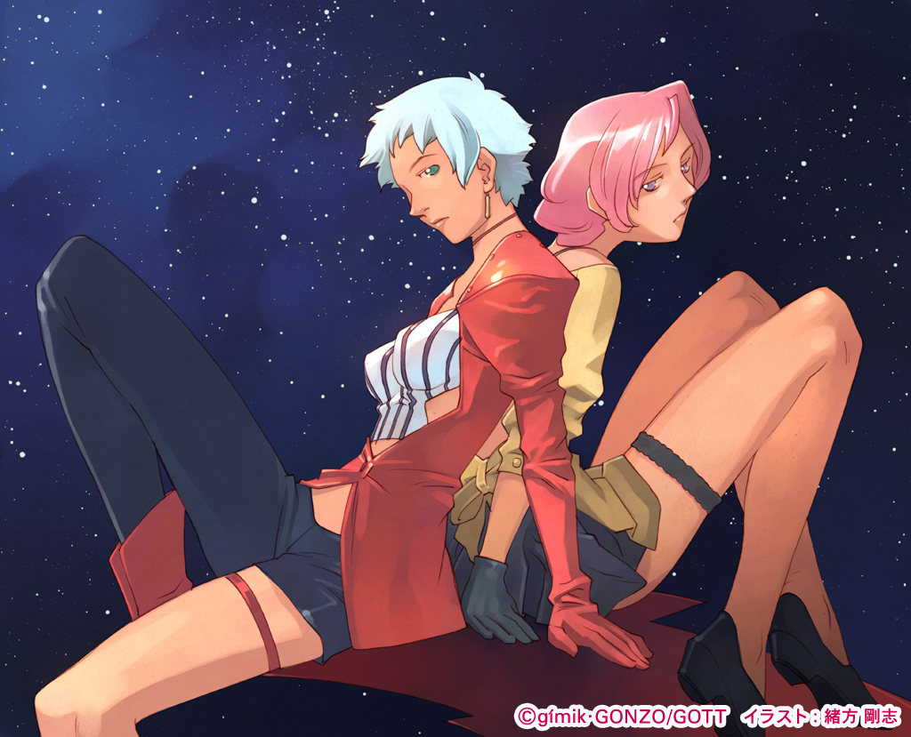 ogata kouji, alv, alv jenever, dvergr, kiddy grade, non-web source, official art, 00s, 2girls, asymmetrical clothes, back-to-back, blouse, blue hair, boots, choker, crop top, earrings, elbow gloves, eyecatch, frilled thigh strap, gloves, green eyes, high heels, jewelry, legs, looking back, midriff, multiple girls, pink hair, purple eyes, shirt, shoes, short hair, single pantsleg, sitting, skirt, sky, space, star (sky), star (symbol), starry sky, striped clothes, striped shirt, thigh strap