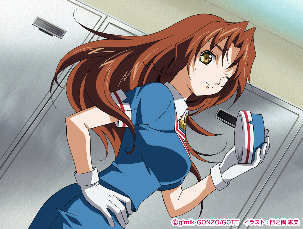 kadonosono megumi, eclair (kiddy grade), kiddy grade, uniform, non-web source, 00s, 1girl, blue skirt, brown hair, dutch angle, eyecatch, female focus, gloves, hand on own hip, hat, hip focus, locker, locker room, long hair, one eye closed, skirt, smile, solo, unworn hat, unworn headwear, wink, yellow eyes