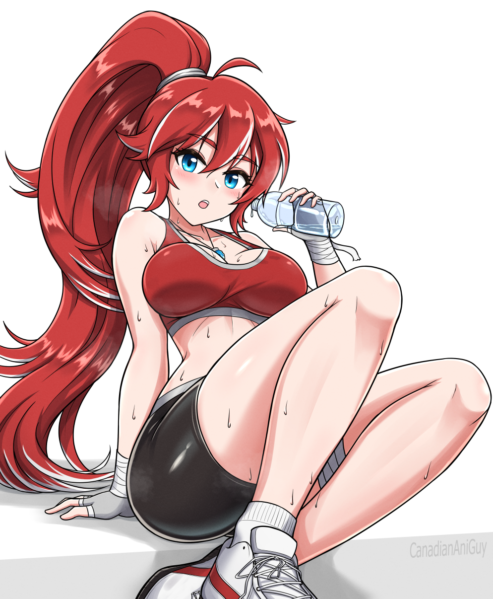 canadiananiguy, solar (canadiananiguy), original, highres, 1girl, bandaged leg, bandaged wrist, bandages, bike shorts, blue eyes, blush, bottle, breasts, from side, hair between eyes, holding, holding bottle, jewelry, large breasts, long hair, looking at viewer, open mouth, pendant, ponytail, red hair, red sports bra, shoes, simple background, sitting, sneakers, solo, sports bra, sweat, very long hair, water bottle, white background