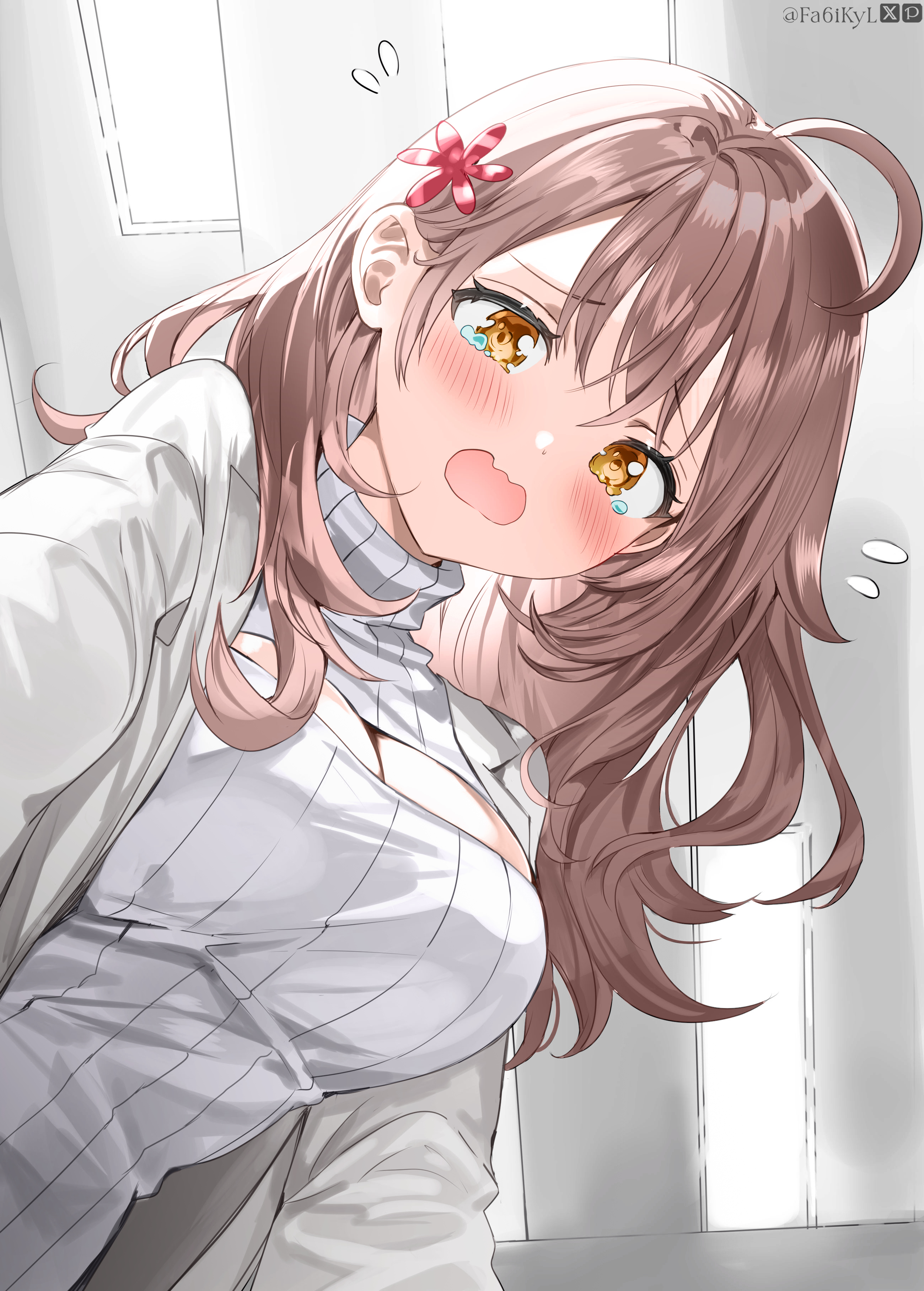 momoko (momopoco), mariya mikhailovna kujou, tokidoki bosotto roshia-go de dereru tonari no alya-san, absurdres, colorized, highres, novel illustration, official art, 1girl, ahoge, blush, breasts, brown eyes, brown hair, cleavage, clothing cutout, coat, dot nose, dress, female focus, flower, flower on head, hair flower, hair ornament, large breasts, long hair, long sleeves, looking at viewer, open mouth, pov, red flower, scared, solo, solo focus, tears, turtleneck, turtleneck dress, white coat, white dress, worried