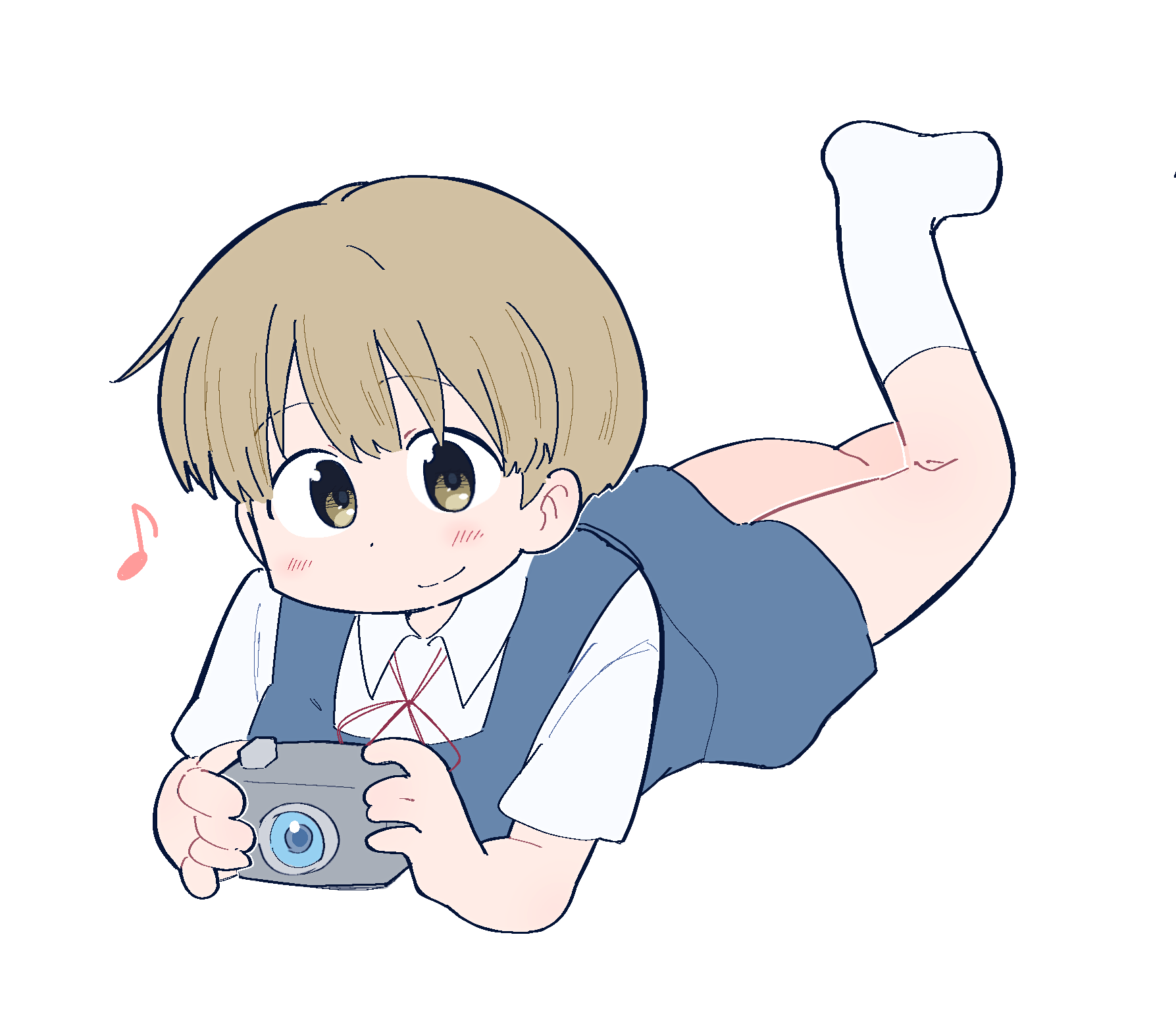 ayumu niikura, city (arawi keiichi), highres, 1girl, aged down, blonde hair, blue shorts, blue vest, camera, closed mouth, collared shirt, digital camera, dot nose, holding, holding camera, leg up, looking at viewer, musical note, red ribbon, ribbon, shirt, short hair, shorts, simple background, smile, socks, solo, vest, white background, white shirt, white socks, wichimi, yellow eyes