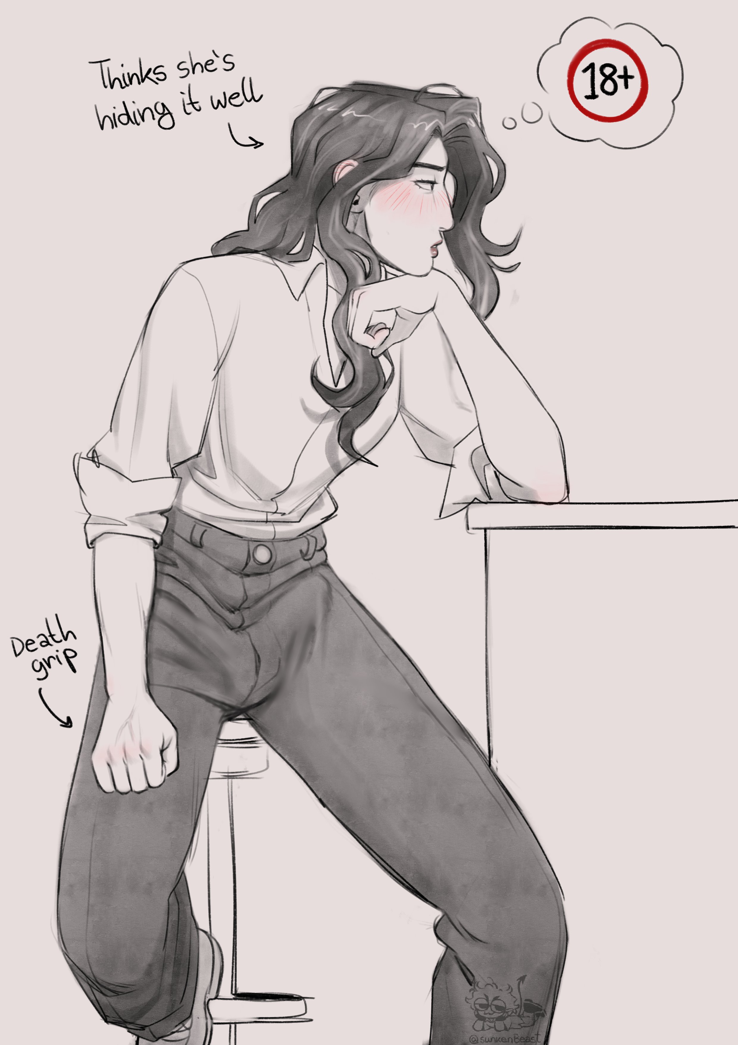 celine (kpop demon hunters), kpop demon hunters, absurdres, commentary, english commentary, highres, 1girl, blush, bulge, collared shirt, elbow on table, english text, futanari, long hair, on stool, pants, shirt, signature, sitting, sleeves rolled up, solo, spot color, sunkenbeast