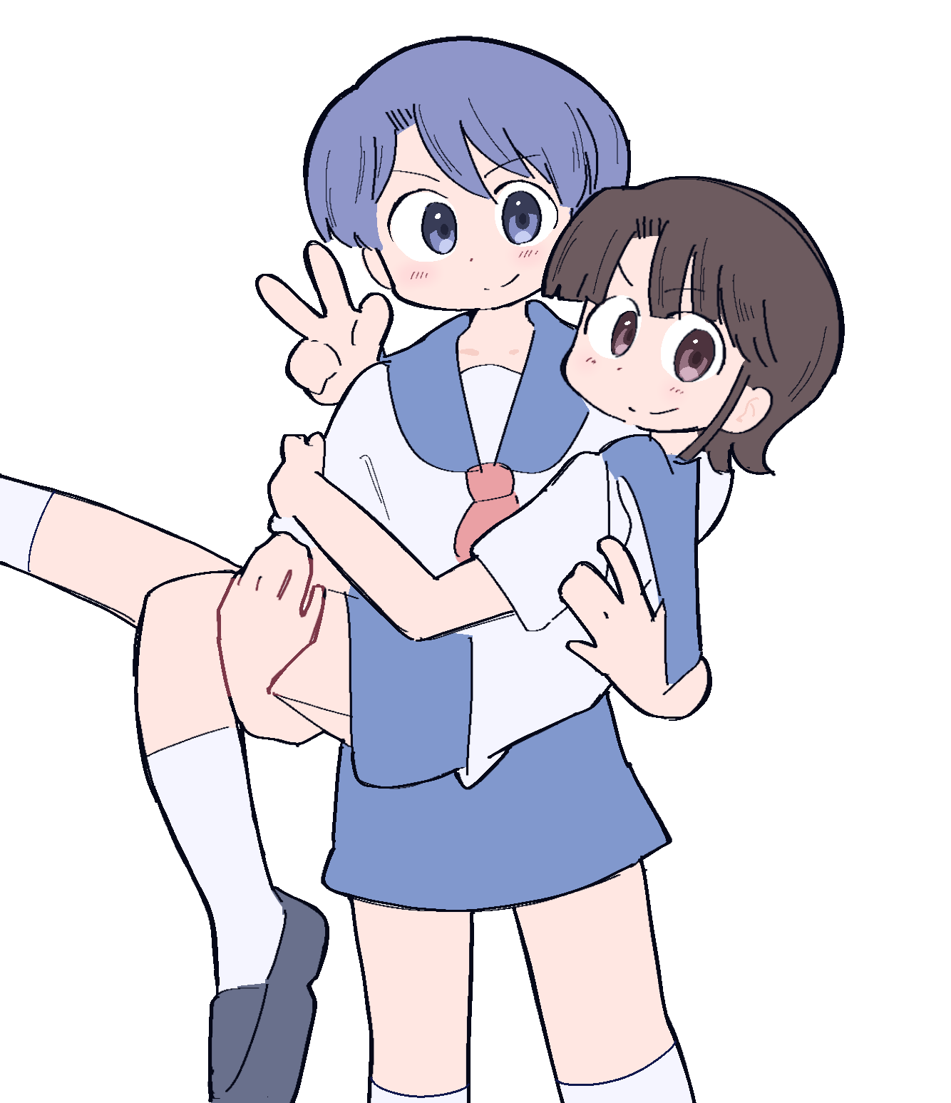 amakazari eri, makabe matsuri, city (arawi keiichi), highres, 1girl, 2girls, black shoes, blue eyes, blue hair, blue sailor collar, blue skirt, brown eyes, brown hair, carrying, carrying person, closed mouth, looking at viewer, multiple girls, necktie, red necktie, sailor collar, school uniform, shirt, shoes, short hair, simple background, skirt, smile, socks, v, white background, white shirt, white socks, wichimi