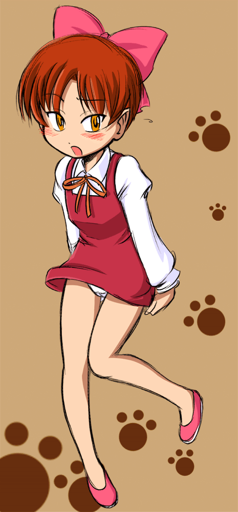 nekomusume, gegege no kitarou, toei company, 1girl, bare legs, blush, bow, brown background, brown hair, cameltoe, d:, dress, female focus, flying sweatdrops, full body, knees together feet apart, loli, long sleeves, neck ribbon, no socks, open mouth, orange eyes, panties, pantyshot, paw print, pinafore dress, pink bow, pink shoes, pointy ears, red dress, ribbon, shirt, shoes, short dress, short hair, simple background, sleeveless, sleeveless dress, solo, standing, thigh gap, underwear, white panties, white shirt
