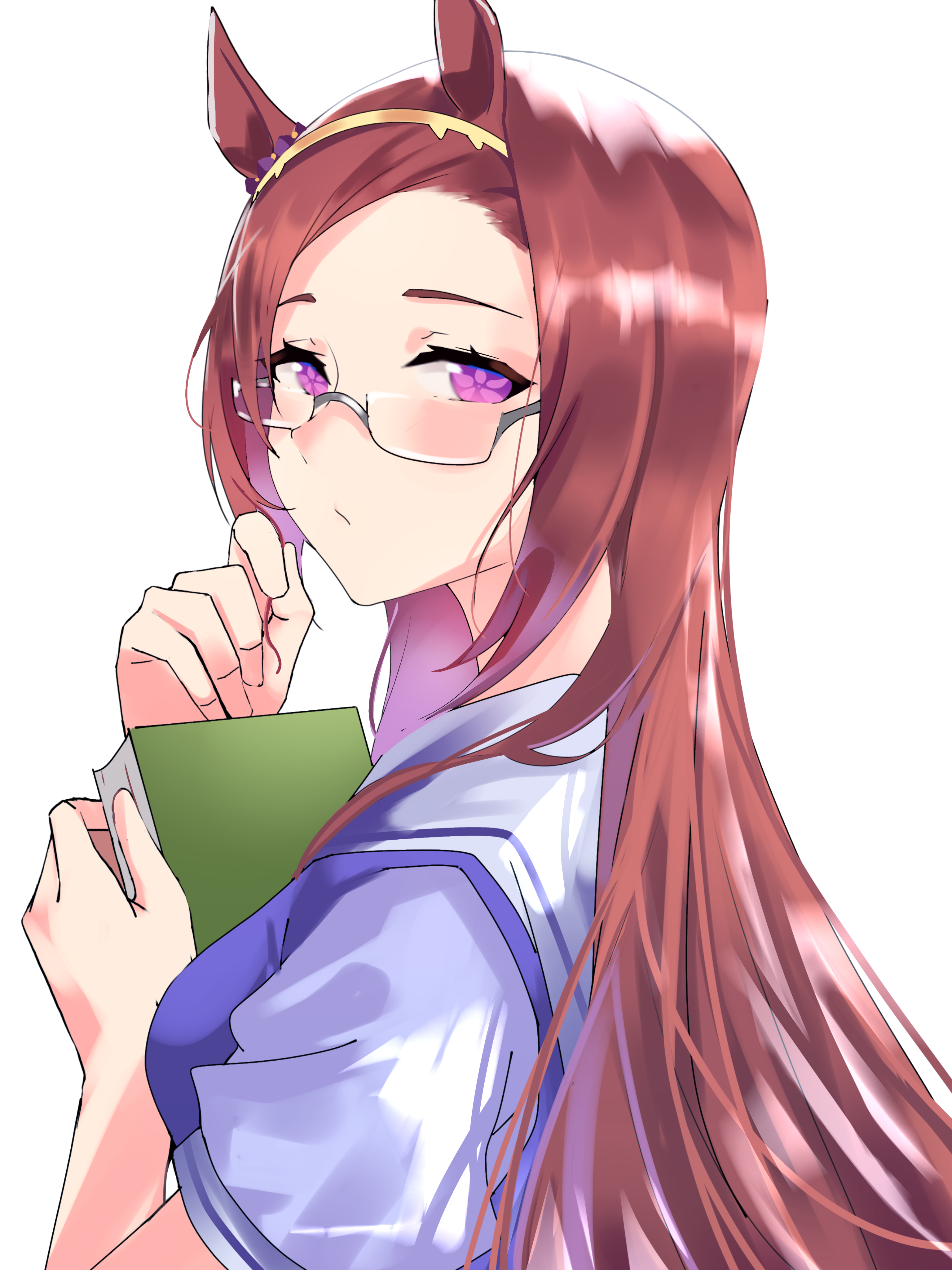 kaburagon, sakura bakushin o (umamusume), umamusume, absurdres, highres, 1girl, animal ears, book, brown hair, glasses, hand up, horse ears, long hair, looking at viewer, purple eyes, school uniform, short sleeves, solo, upper body, white background