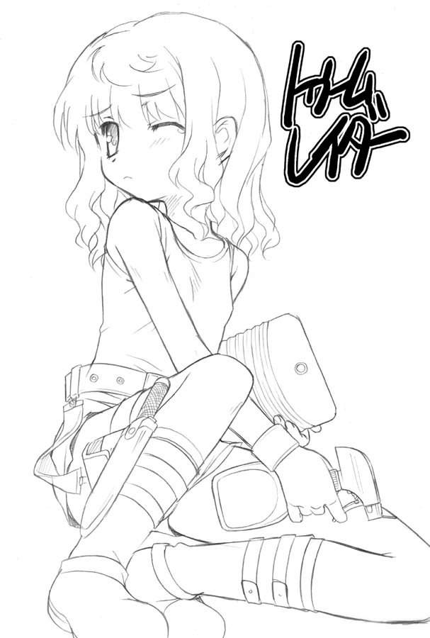 aoi kumiko, lara croft, tomb raider, translation request, 1girl, bottle, dagger, female focus, greyscale, knife, lineart, monochrome, one eye closed, solo, spray bottle, weapon, wink