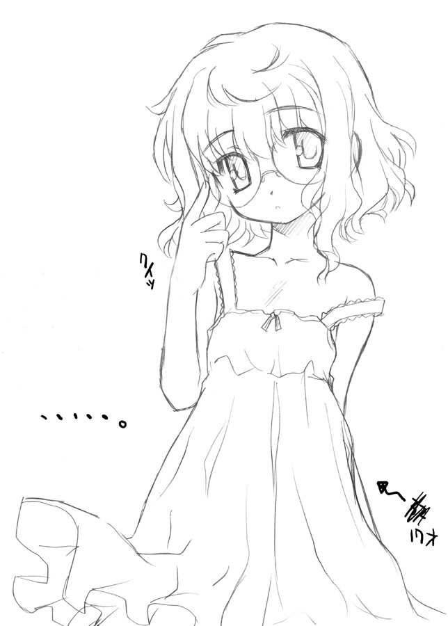 aoi kumiko, copyright request, partially translated, translation request, 1girl, dress, female focus, glasses, greyscale, monochrome, solo